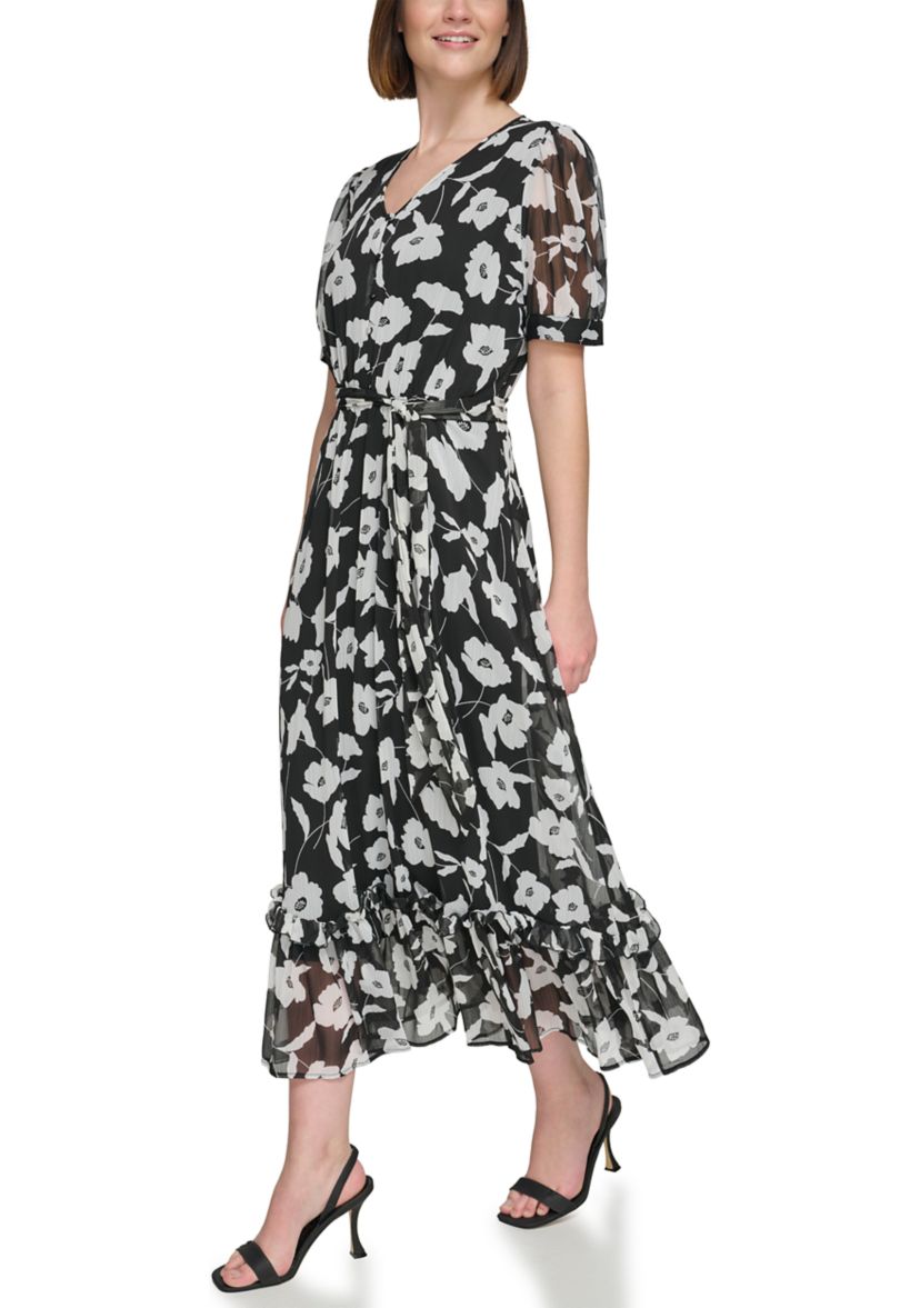 Womens Short Puff Sleeve V-Neck Tie Waist Floral Maxi Dress
