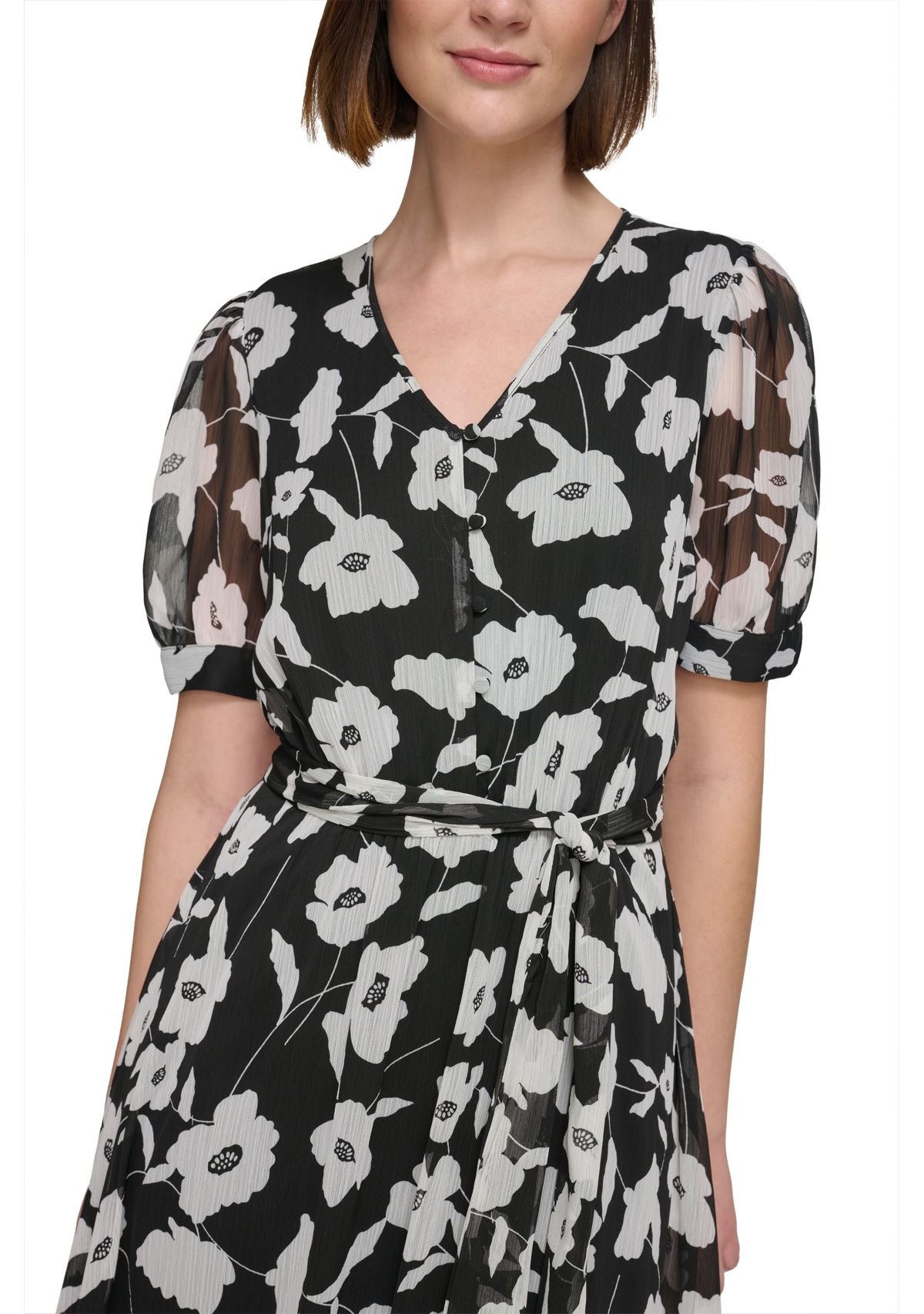Womens Short Puff Sleeve V-Neck Tie Waist Floral Maxi Dress