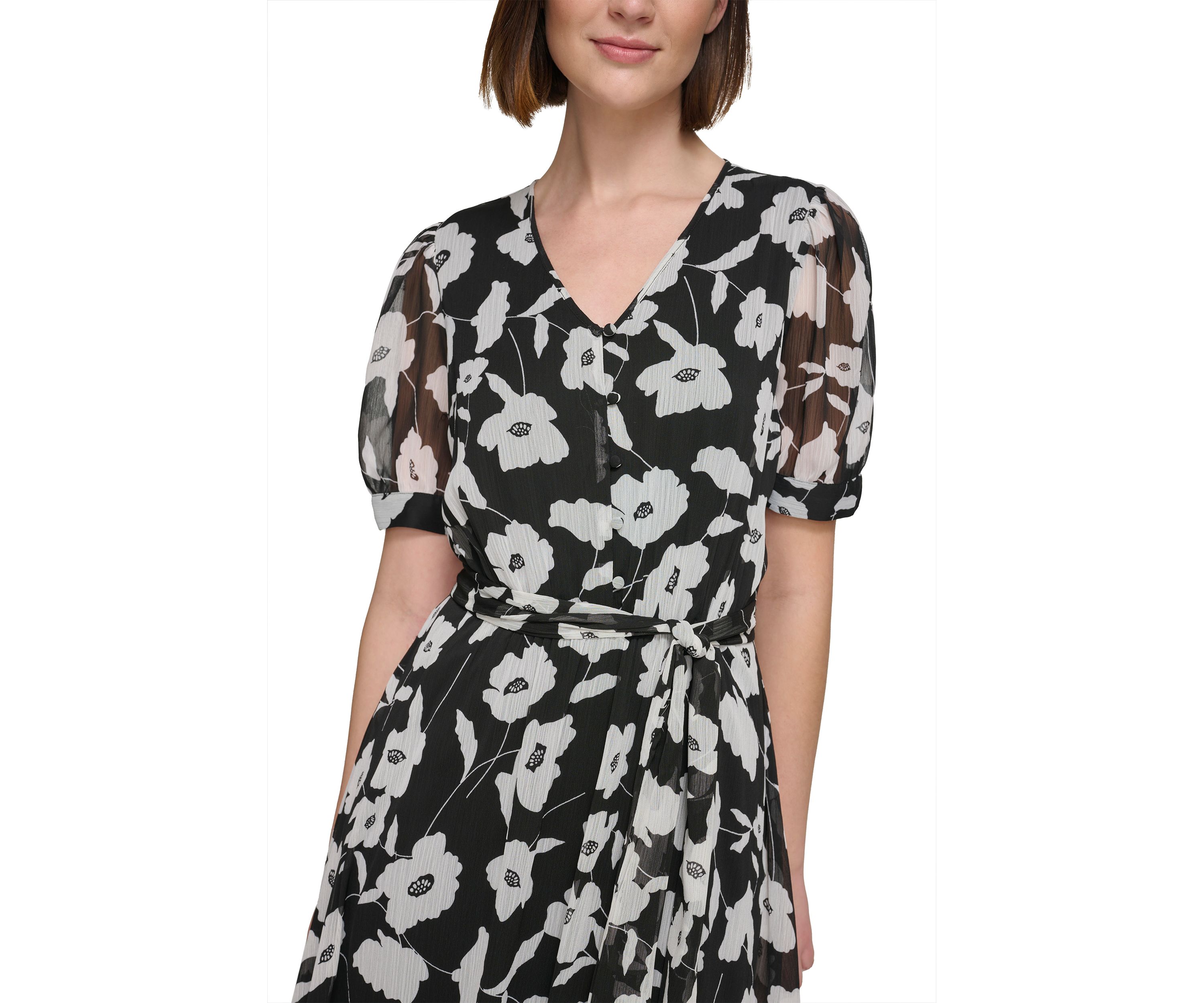 Womens Short Puff Sleeve V-Neck Tie Waist Floral Maxi Dress