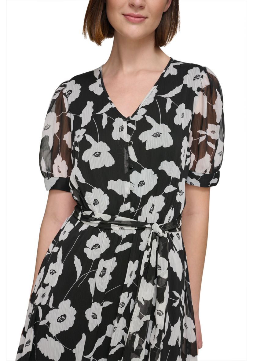 Womens Short Puff Sleeve V-Neck Tie Waist Floral Maxi Dress