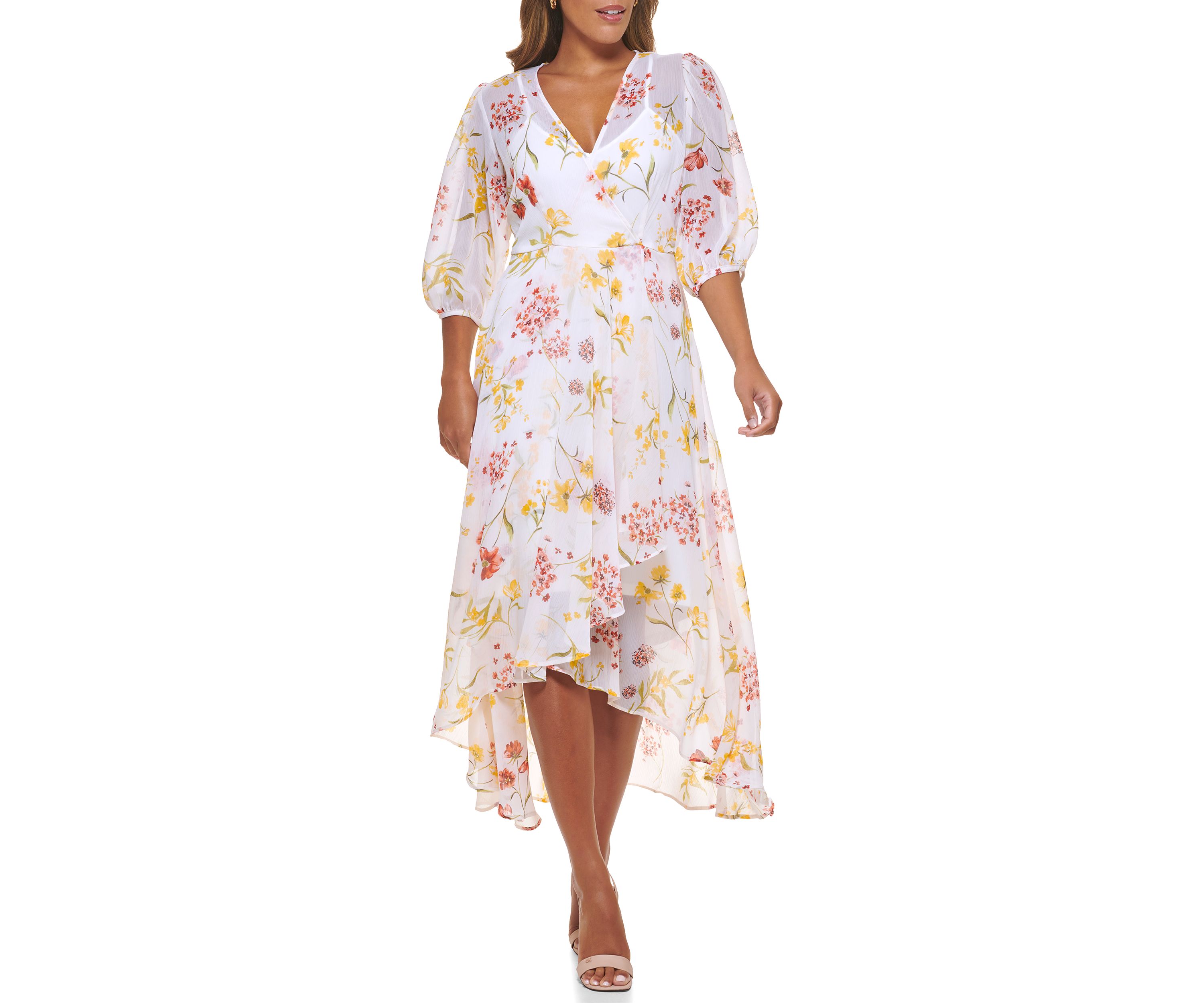 Womens Puff Sleeve V-Neck Floral Ruffle Overlap Dress