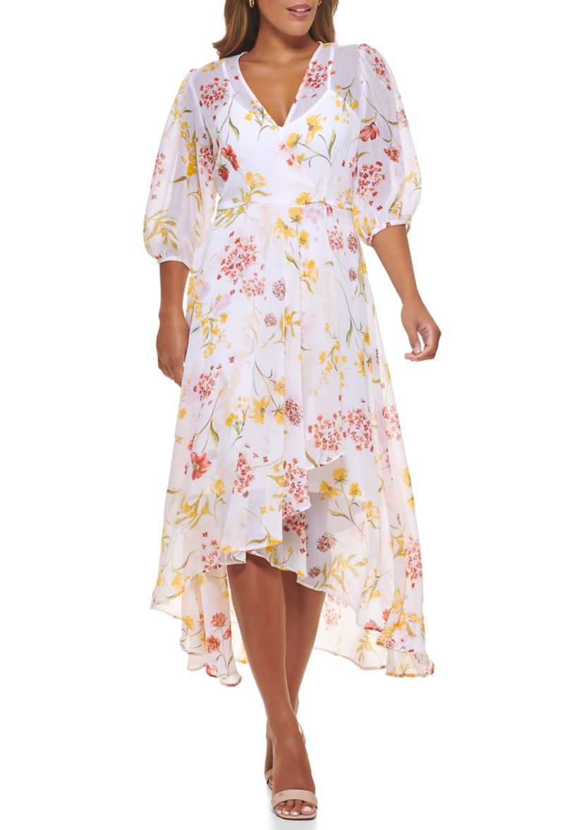 Womens Puff Sleeve V-Neck Floral Ruffle Overlap Dress
