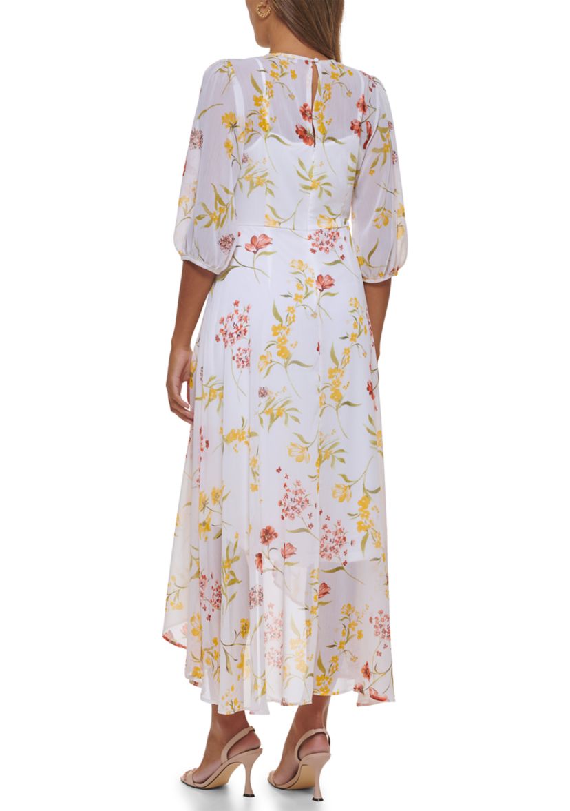 Womens Puff Sleeve V-Neck Floral Ruffle Overlap Dress