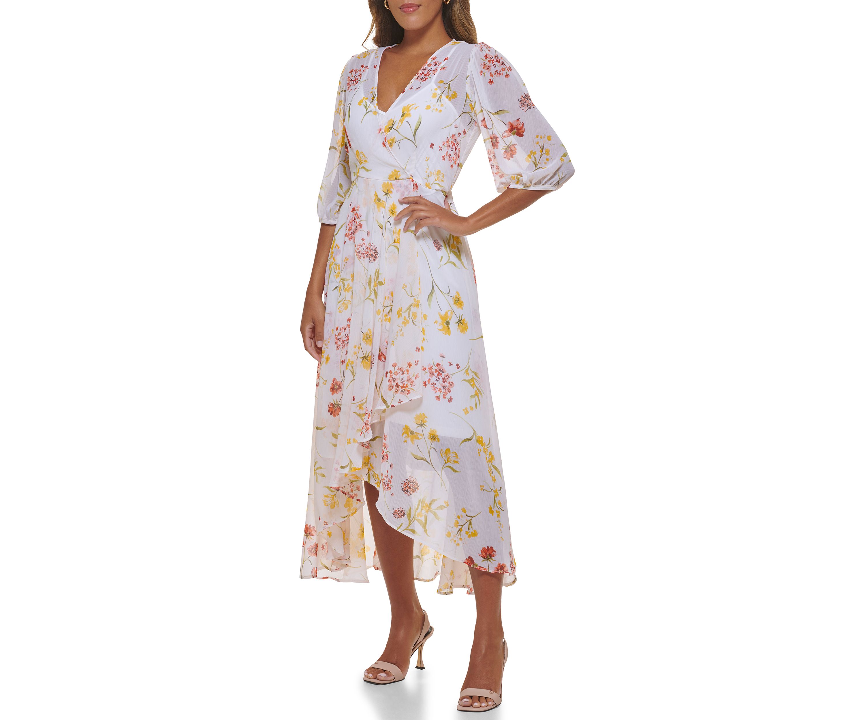 Womens Puff Sleeve V-Neck Floral Ruffle Overlap Dress
