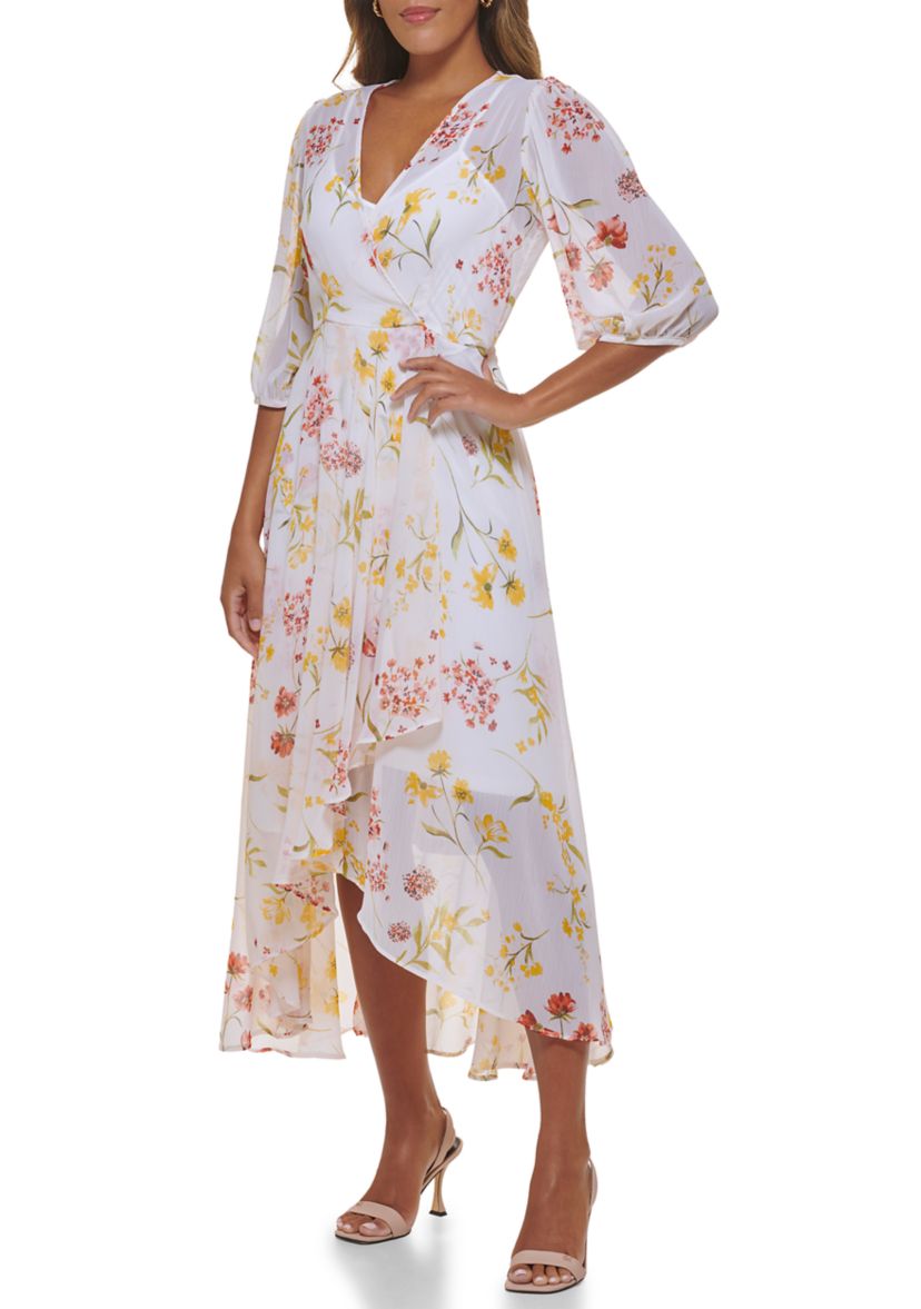 Womens Puff Sleeve V-Neck Floral Ruffle Overlap Dress
