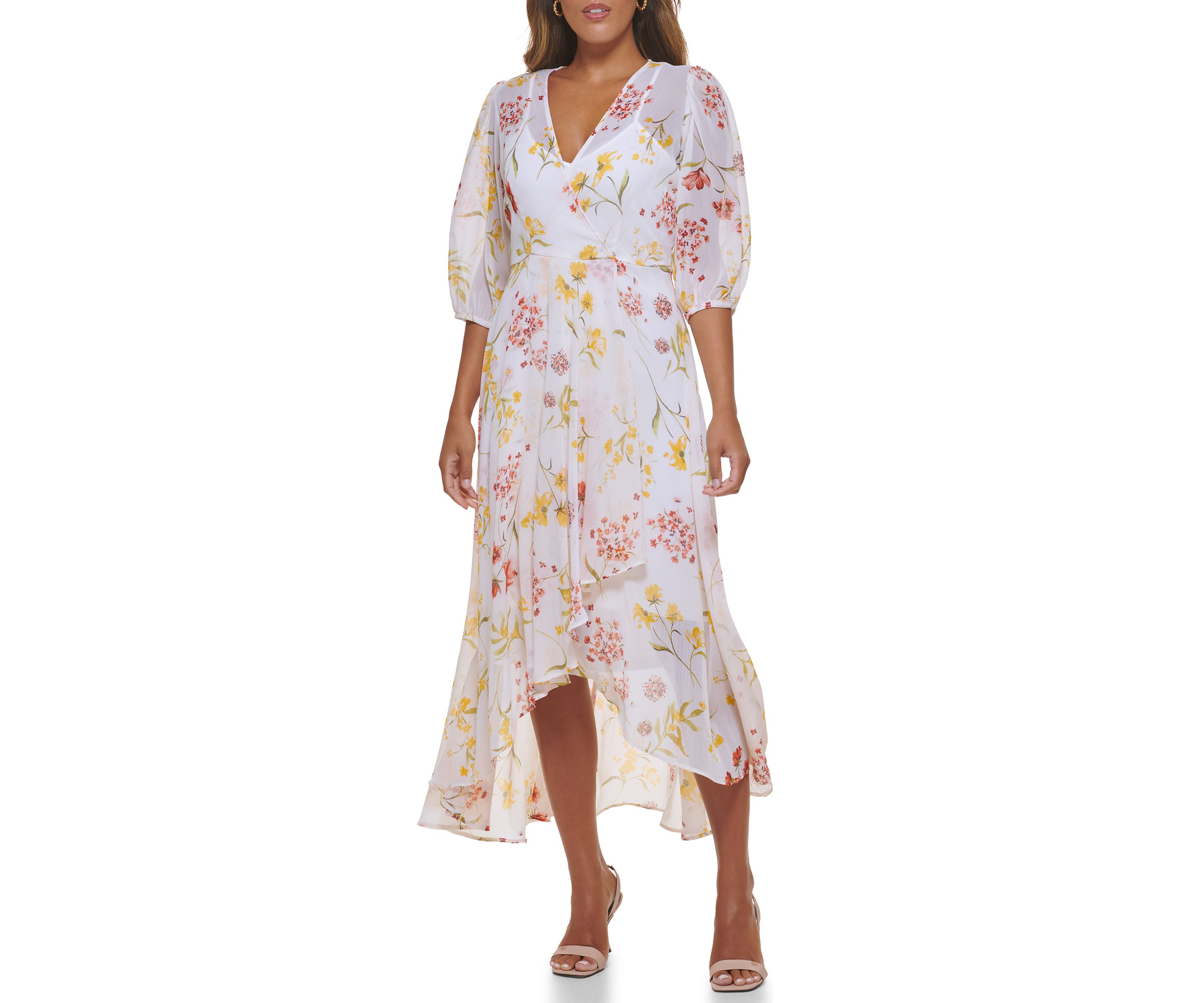 Womens Puff Sleeve V-Neck Floral Ruffle Overlap Dress