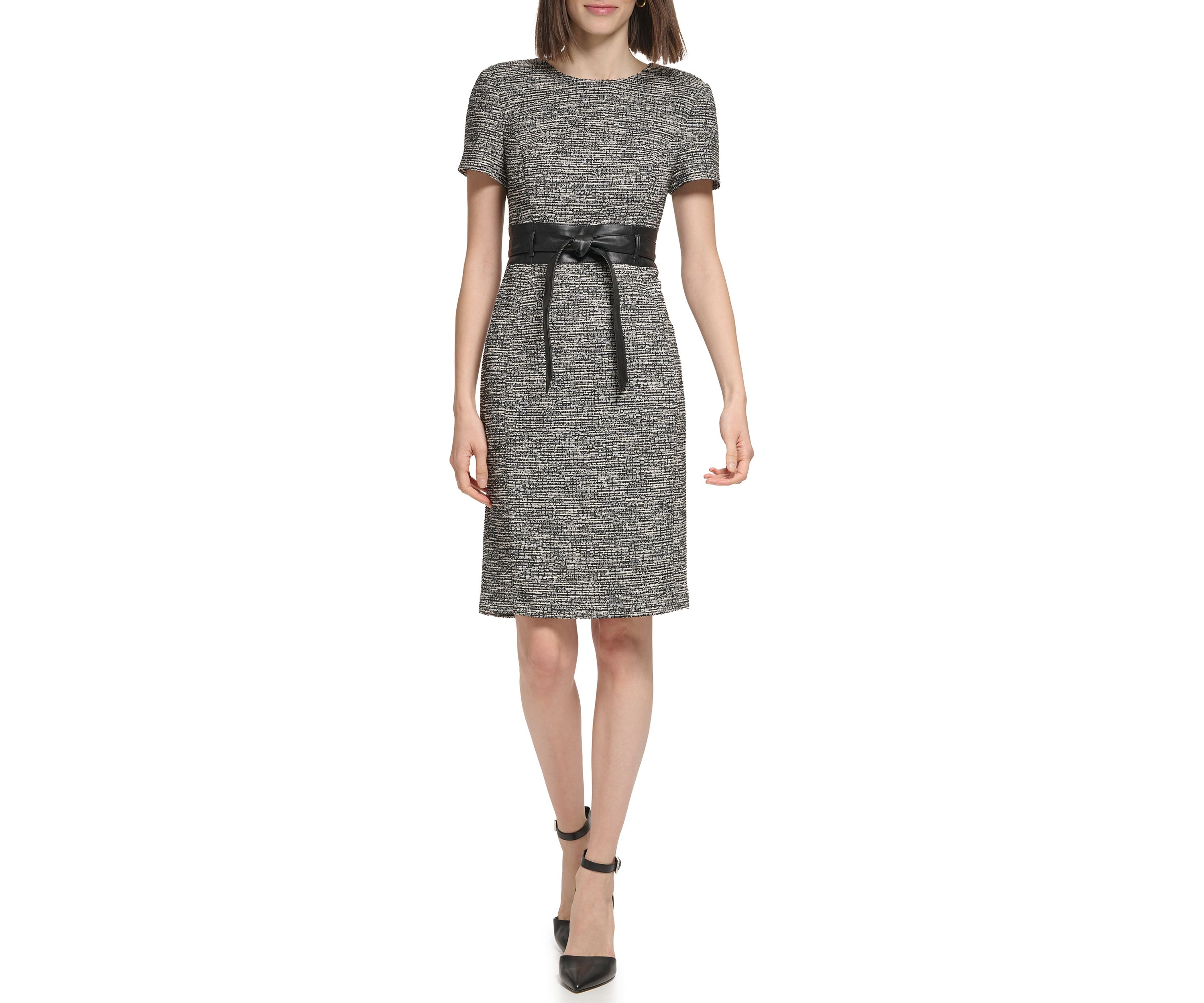 Womens Short Sleeve Tie Waist Printed Sheath Dress