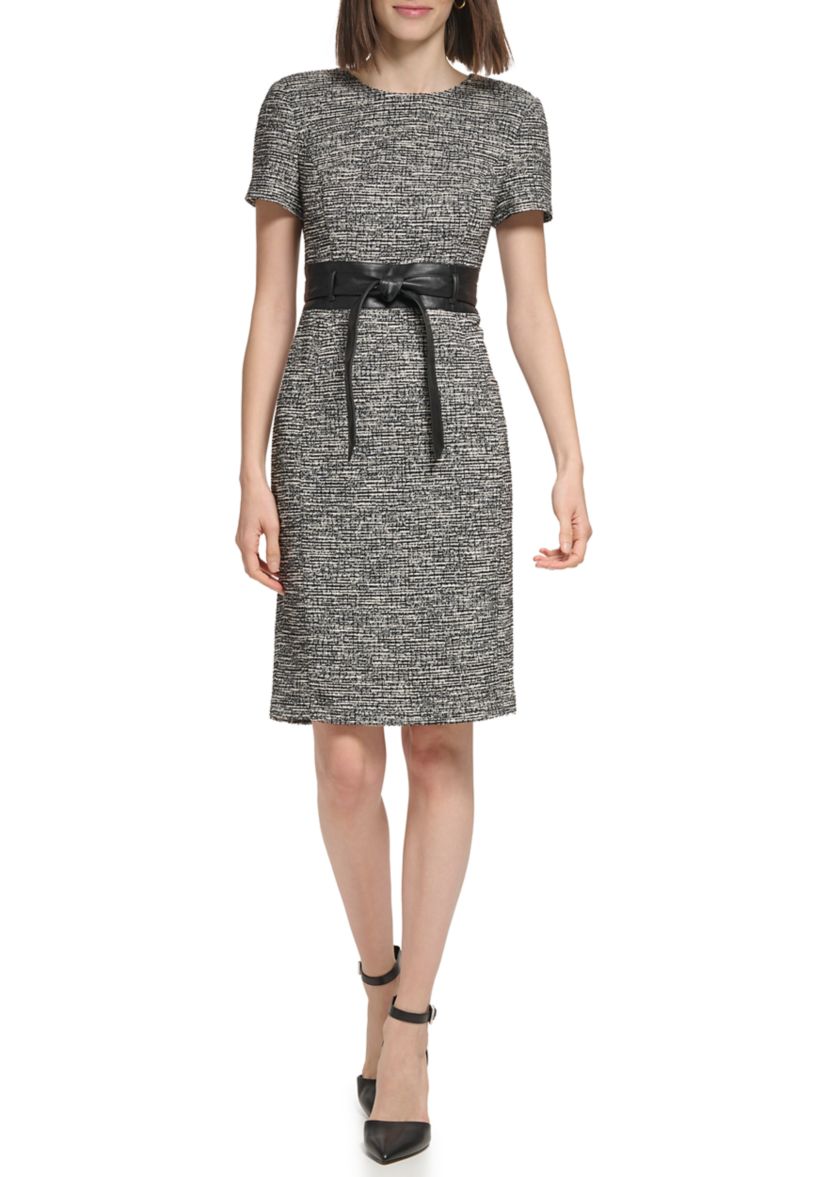 Womens Short Sleeve Tie Waist Printed Sheath Dress