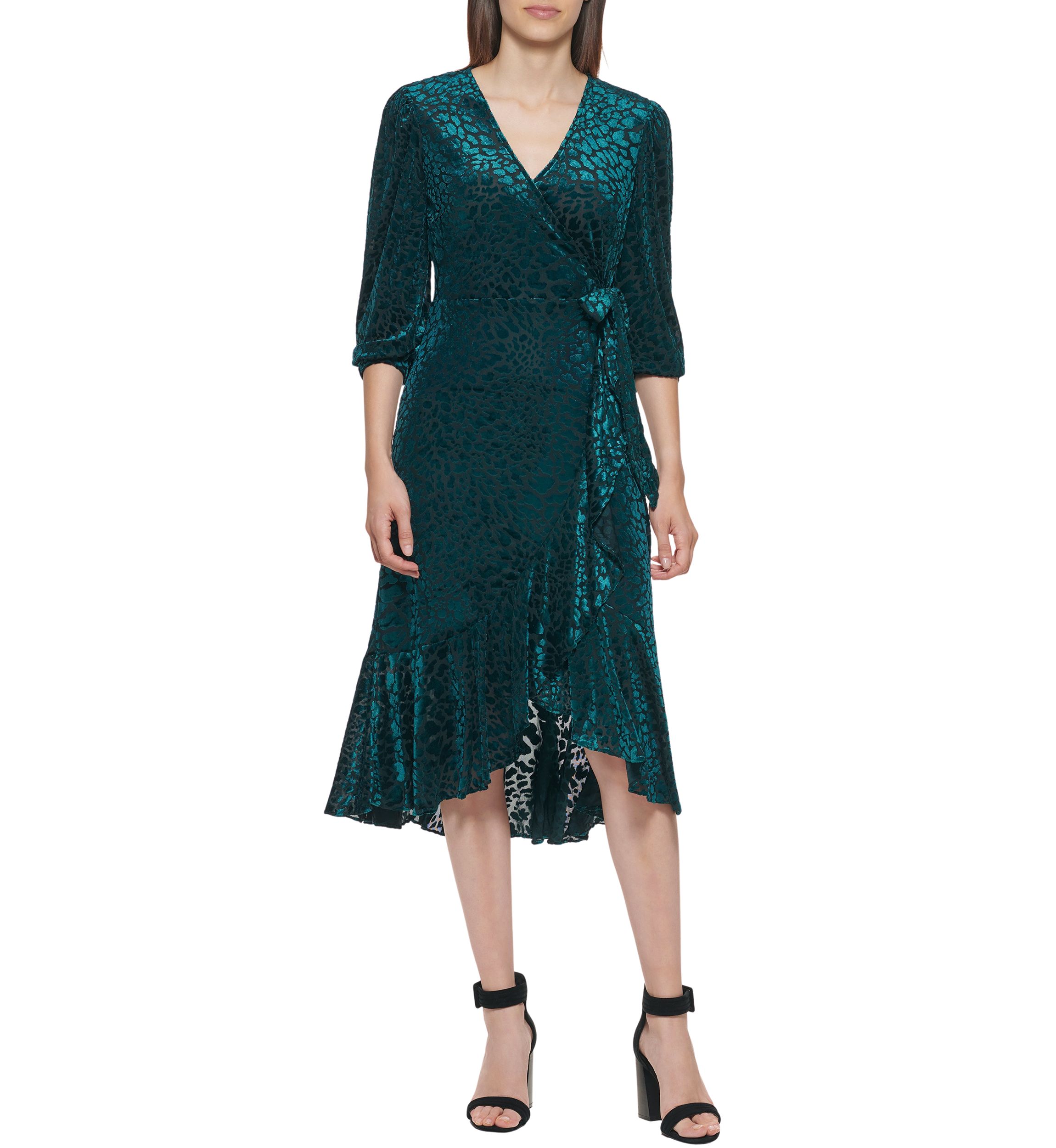 Womens 3/4 Sleeve Printed Wrap Midi Dress
