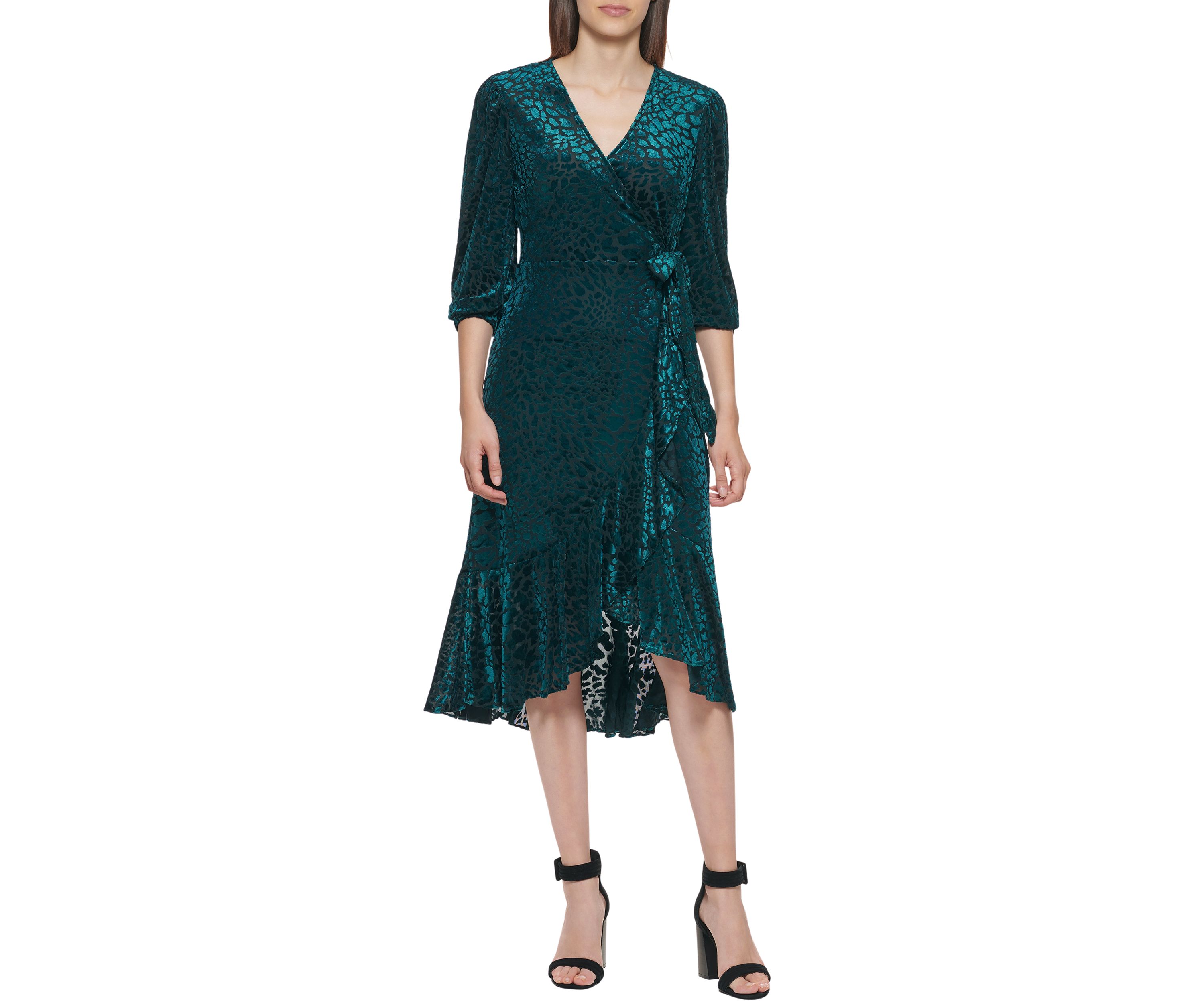 Womens 3/4 Sleeve Printed Wrap Midi Dress