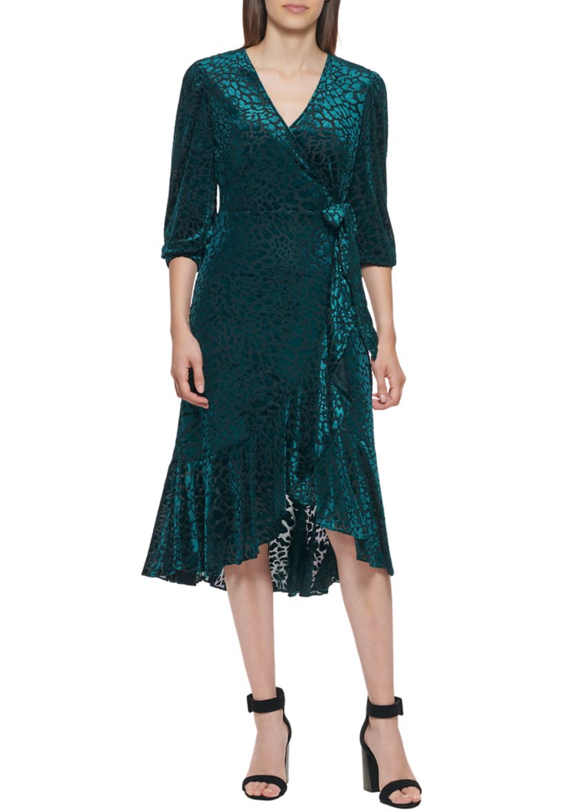 Womens 3/4 Sleeve Printed Wrap Midi Dress