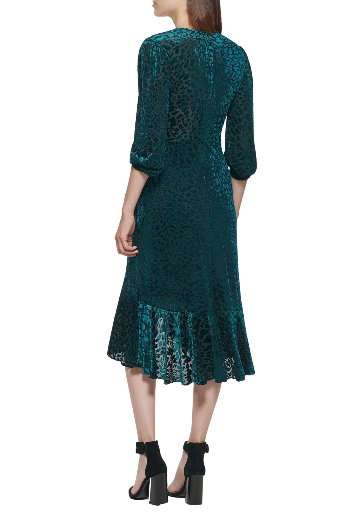 Womens 3/4 Sleeve Printed Wrap Midi Dress