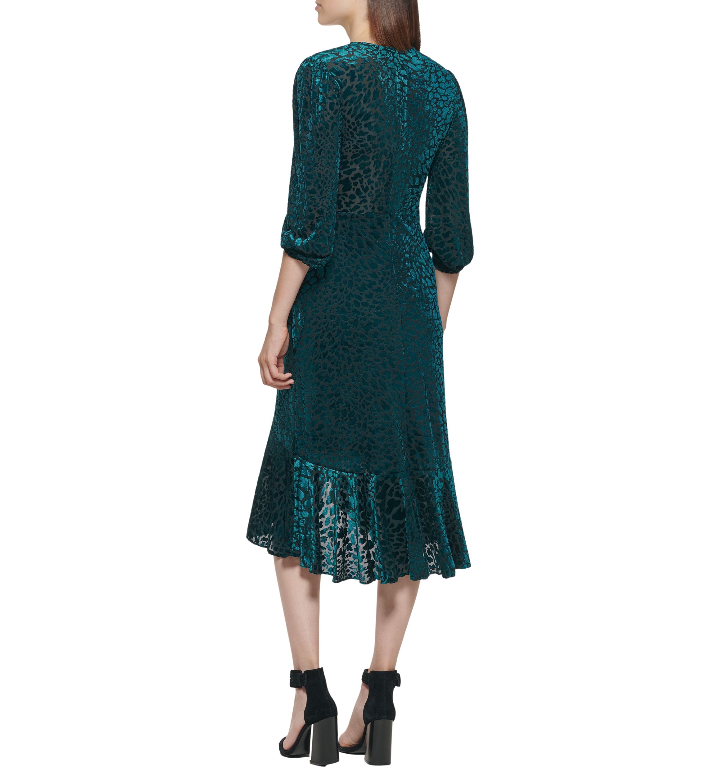 Womens 3/4 Sleeve Printed Wrap Midi Dress