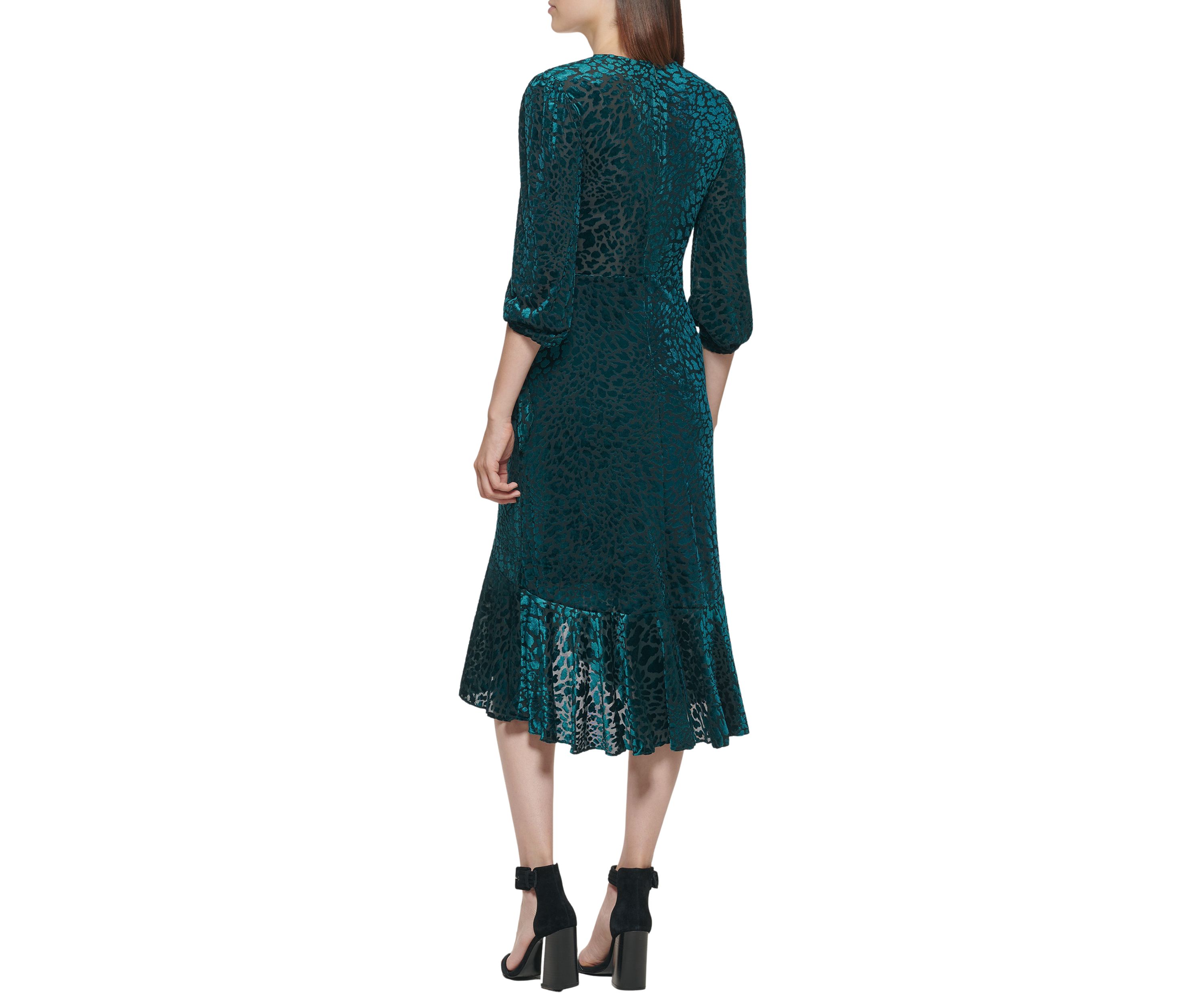 Womens 3/4 Sleeve Printed Wrap Midi Dress