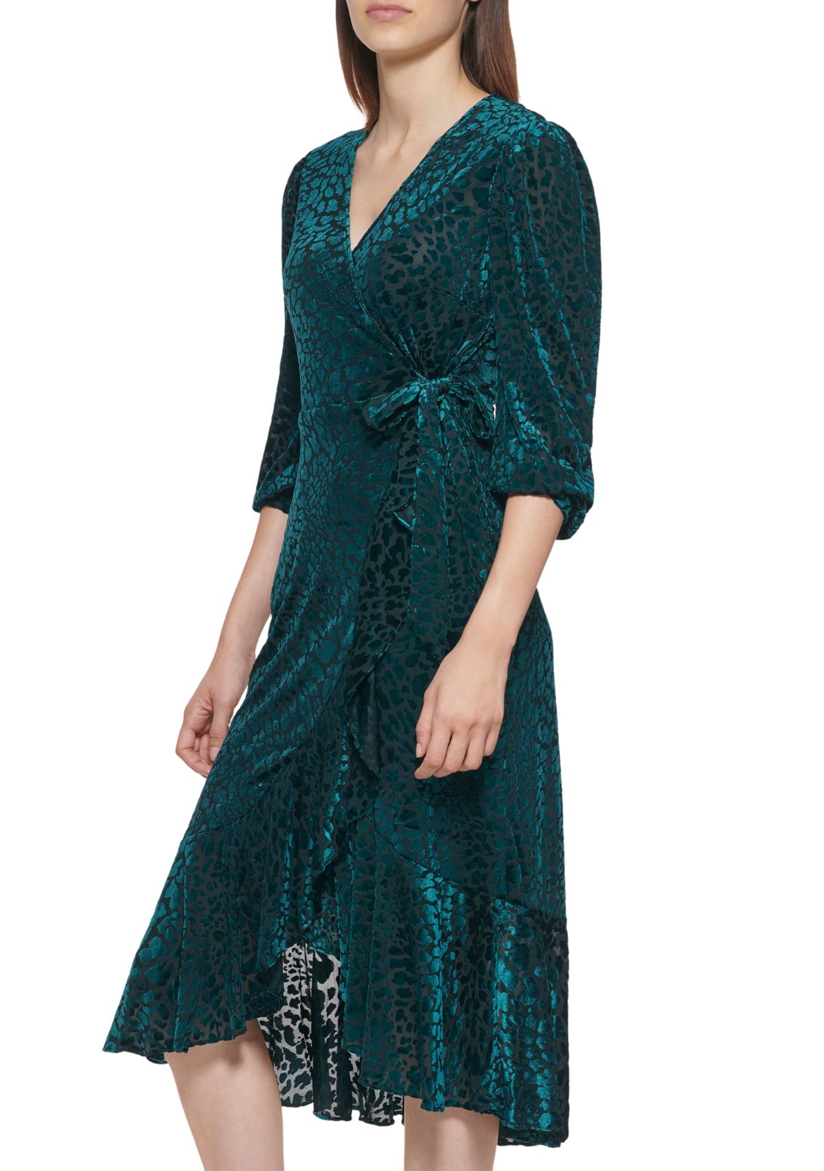 Womens 3/4 Sleeve Printed Wrap Midi Dress