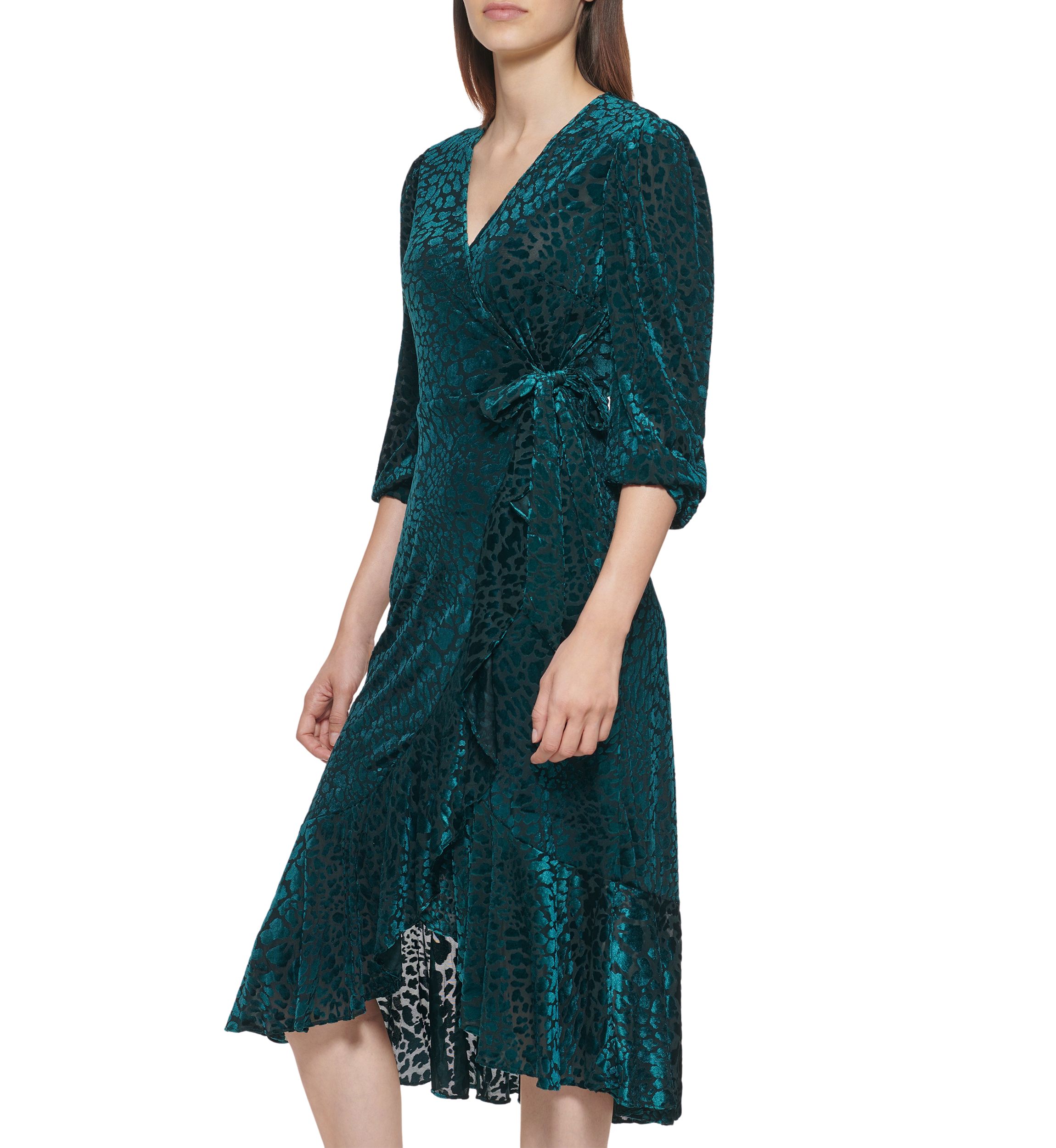 Womens 3/4 Sleeve Printed Wrap Midi Dress