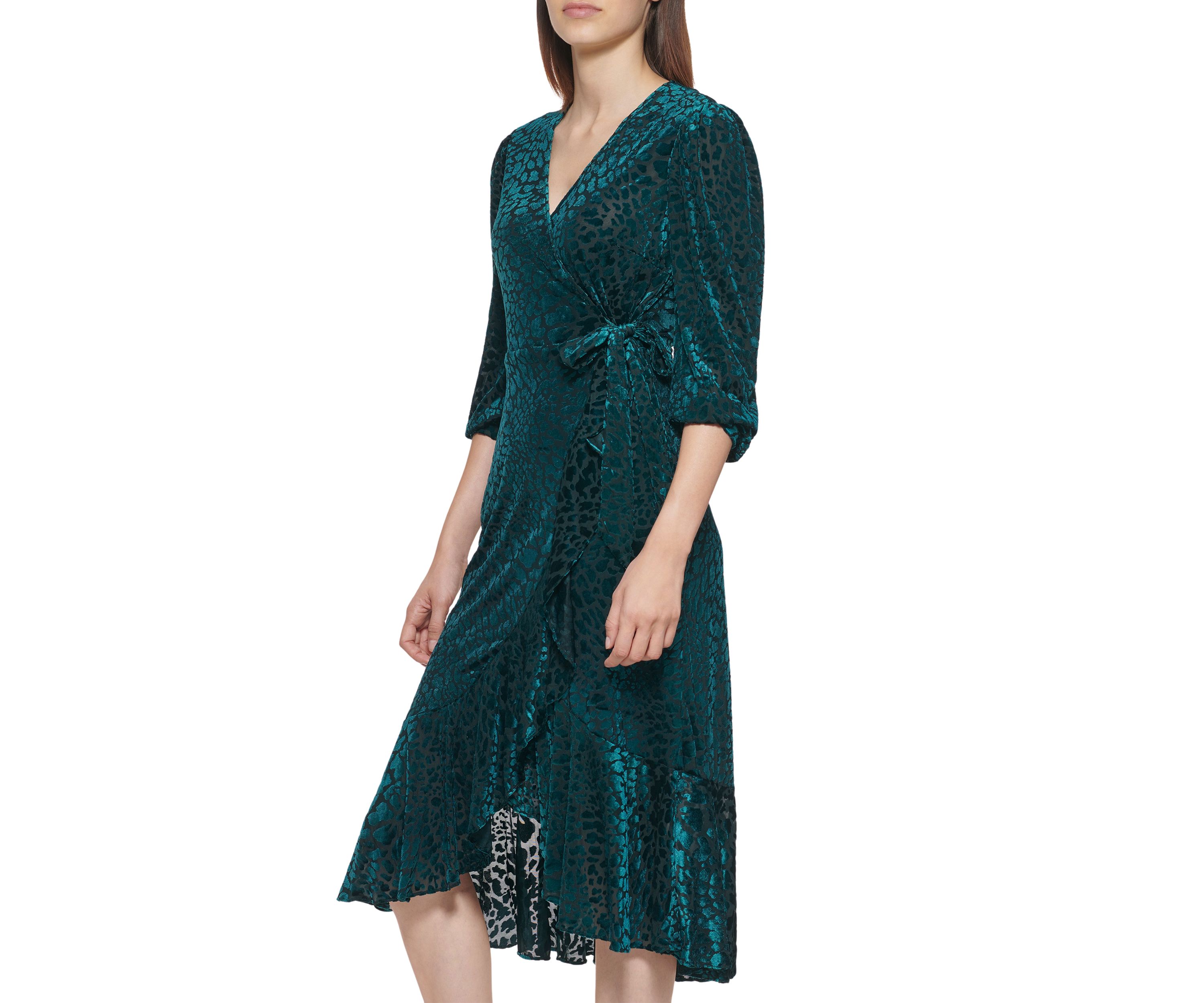Womens 3/4 Sleeve Printed Wrap Midi Dress
