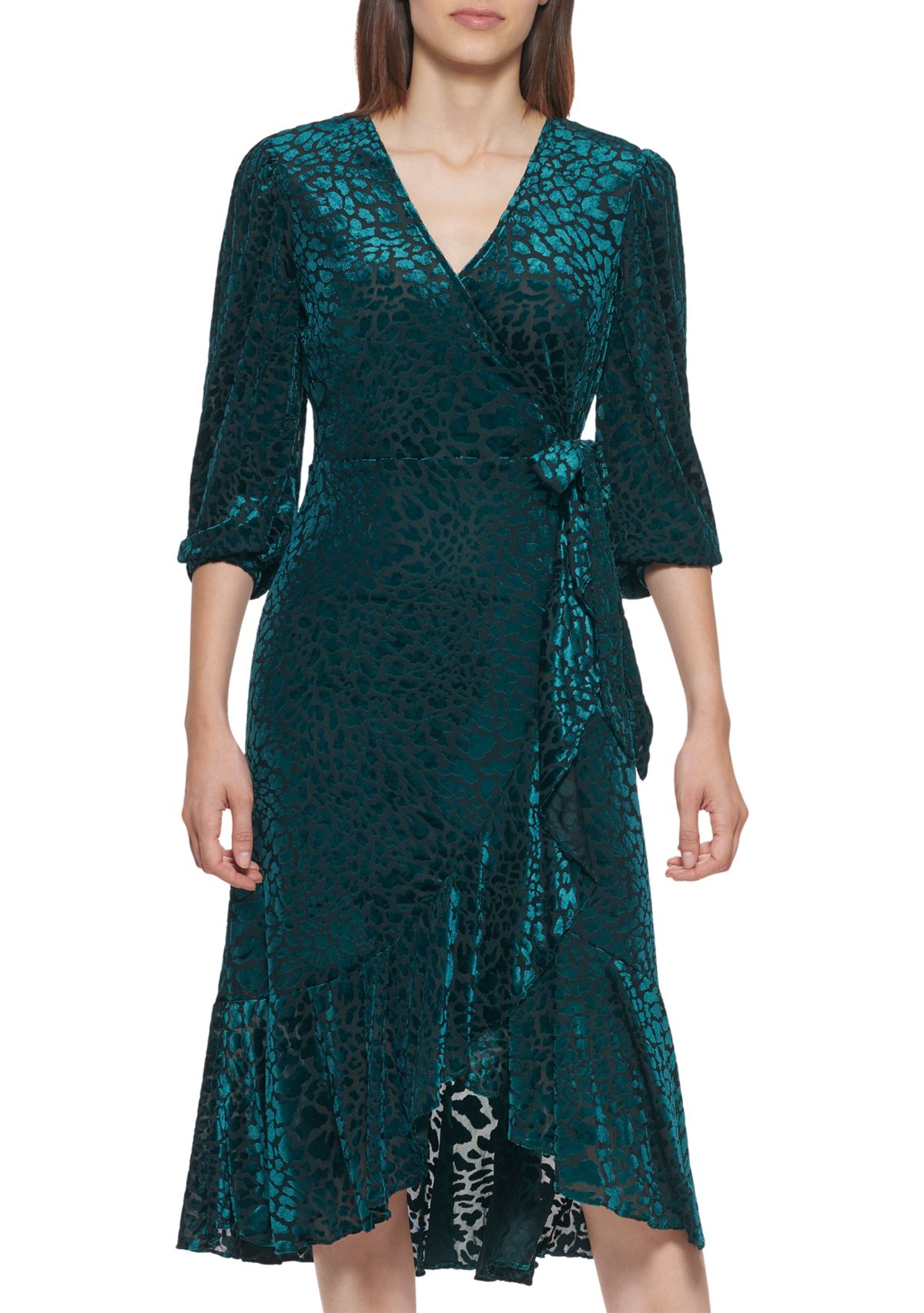 Womens 3/4 Sleeve Printed Wrap Midi Dress