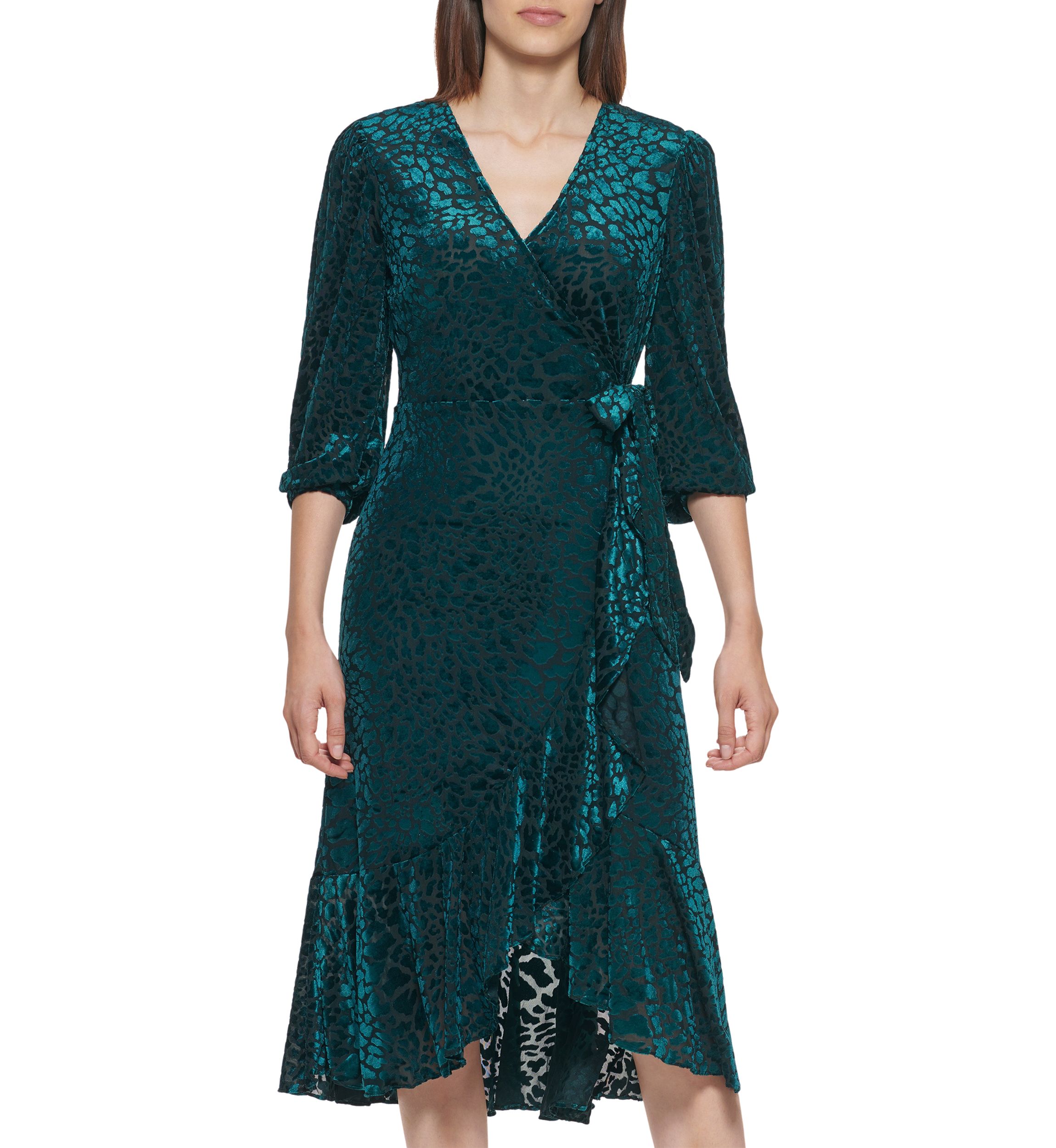 Womens 3/4 Sleeve Printed Wrap Midi Dress