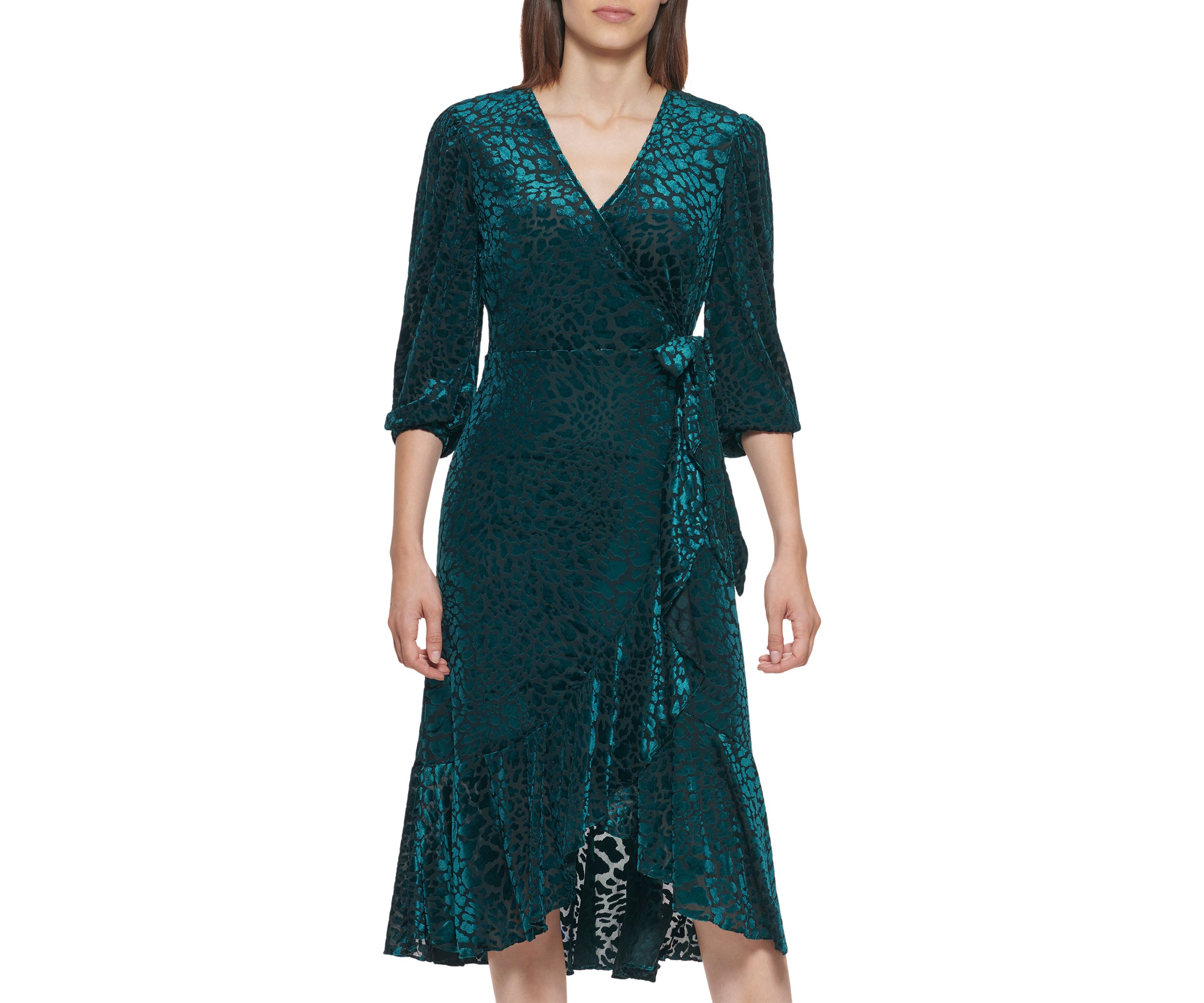 Womens 3/4 Sleeve Printed Wrap Midi Dress