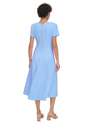 Calvin Klein 3/4 Sleeve Boat Neck Belted Houndstooth A-Line Midi Dress