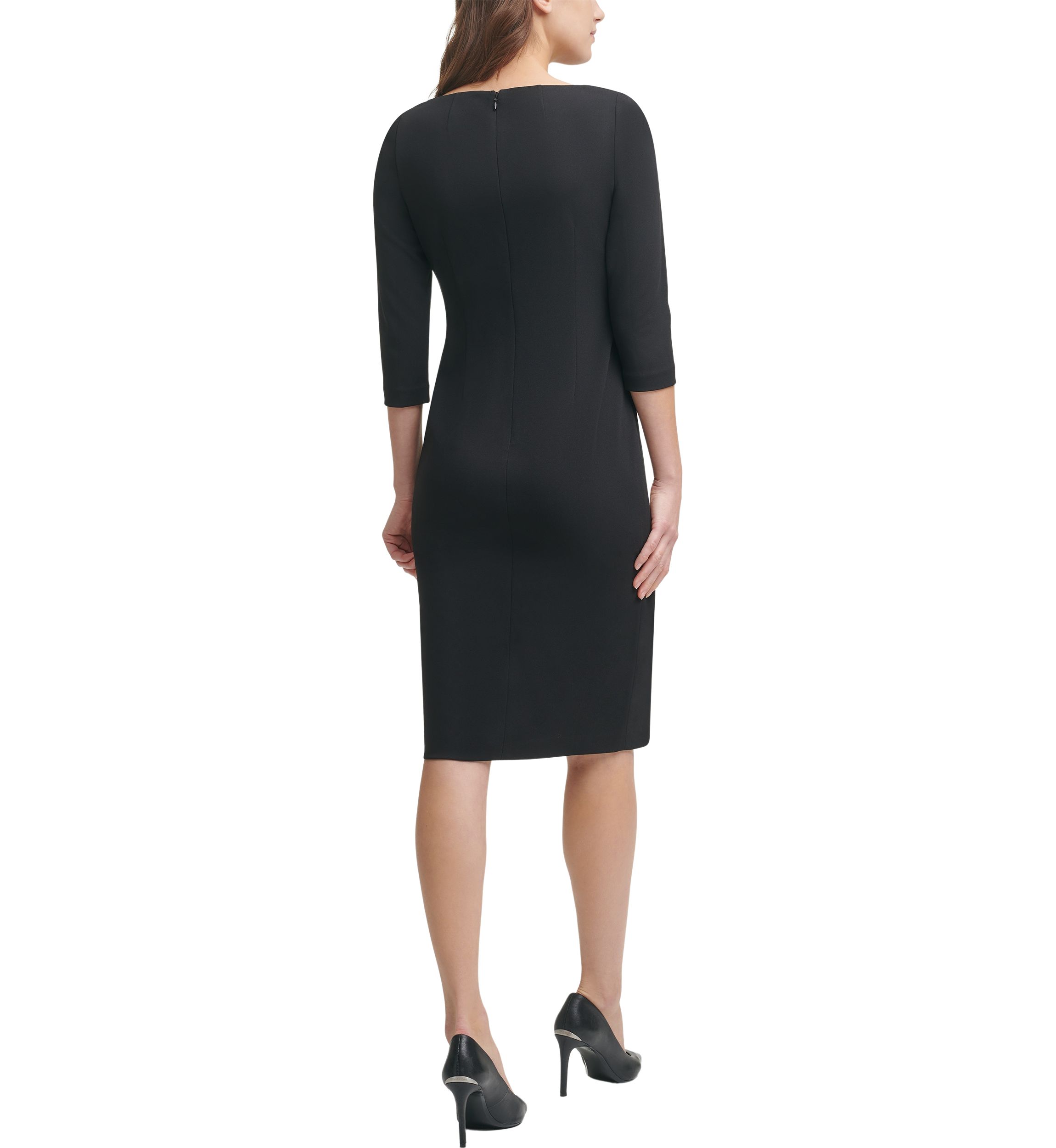 Womens 3/3 Sleeve Asymmetrical Neck Solid Sheath Dress