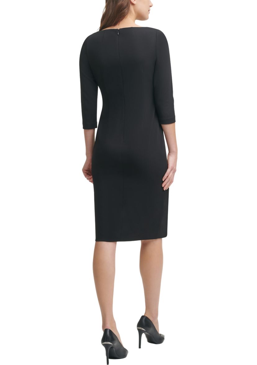 Womens 3/3 Sleeve Asymmetrical Neck Solid Sheath Dress