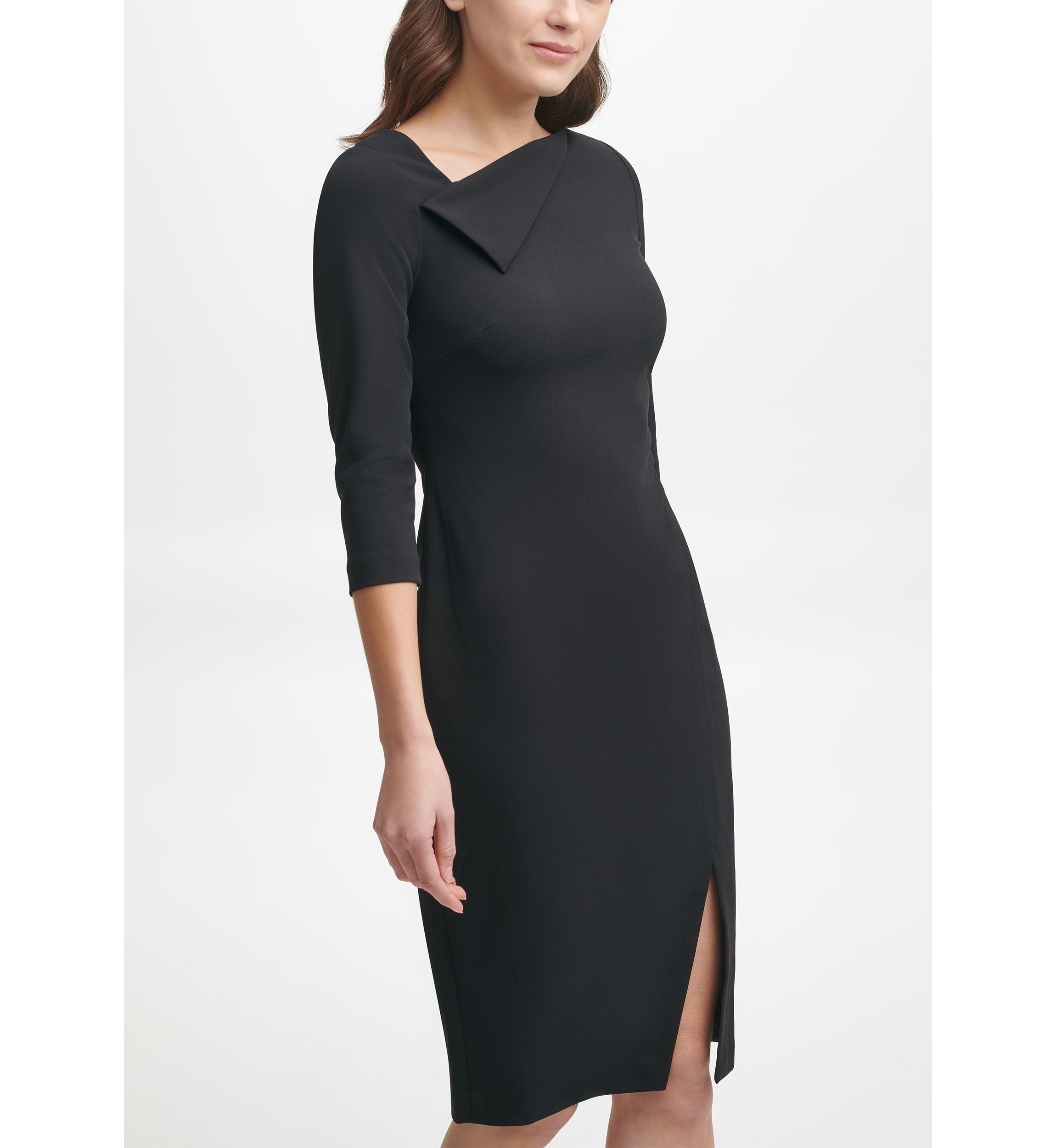 Womens 3/3 Sleeve Asymmetrical Neck Solid Sheath Dress