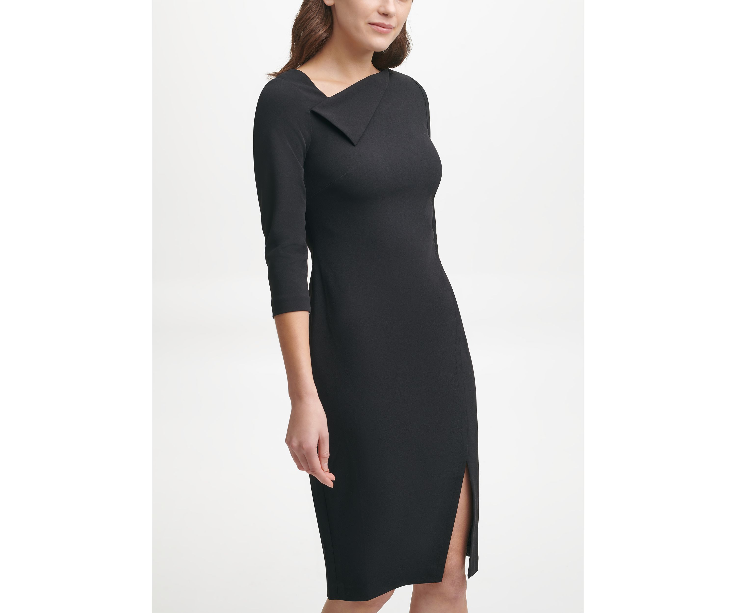 Womens 3/3 Sleeve Asymmetrical Neck Solid Sheath Dress