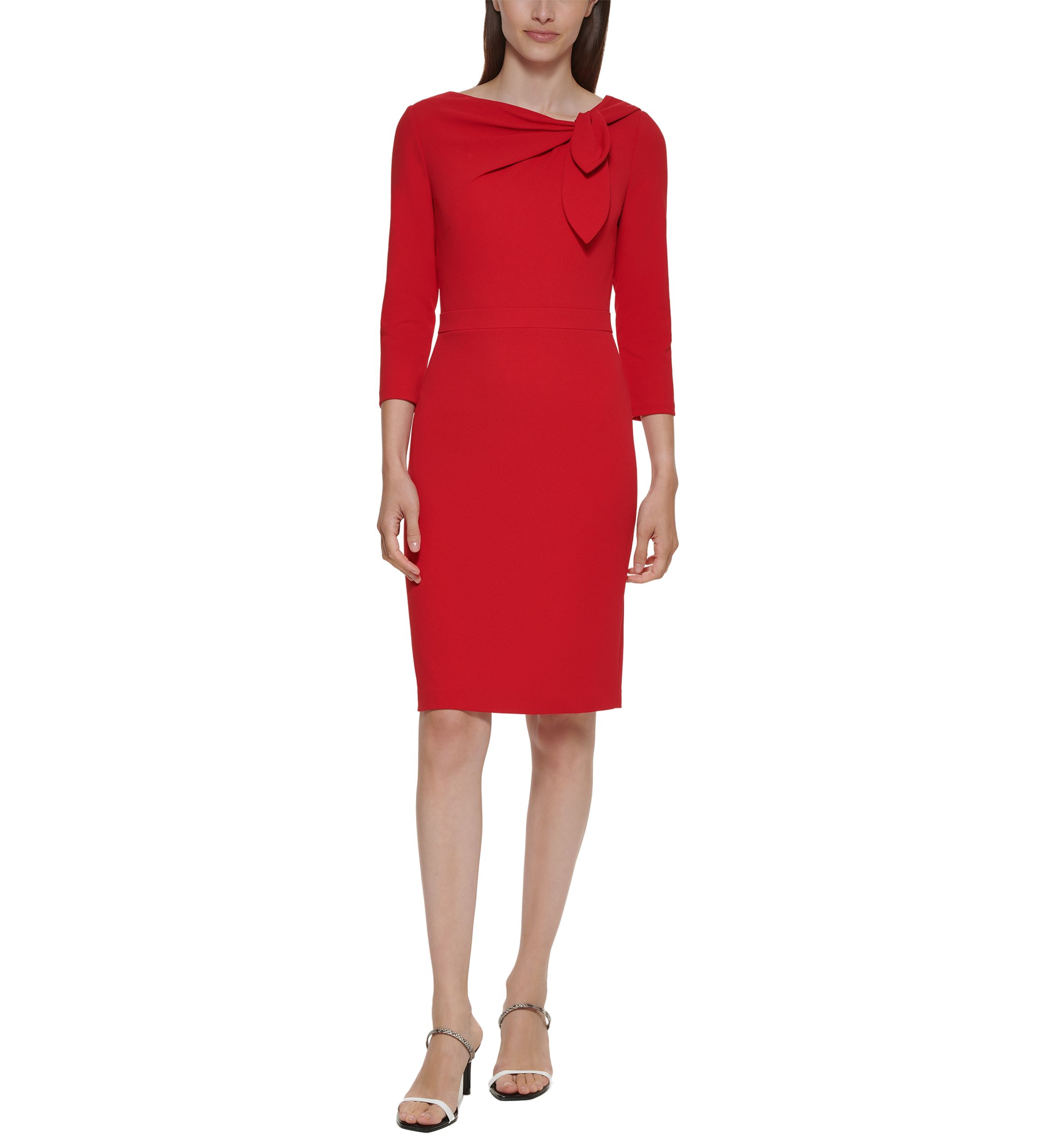 Womens 3/4 Sleeve Asymmetrical Neck Solid Crepe Sheath Dress