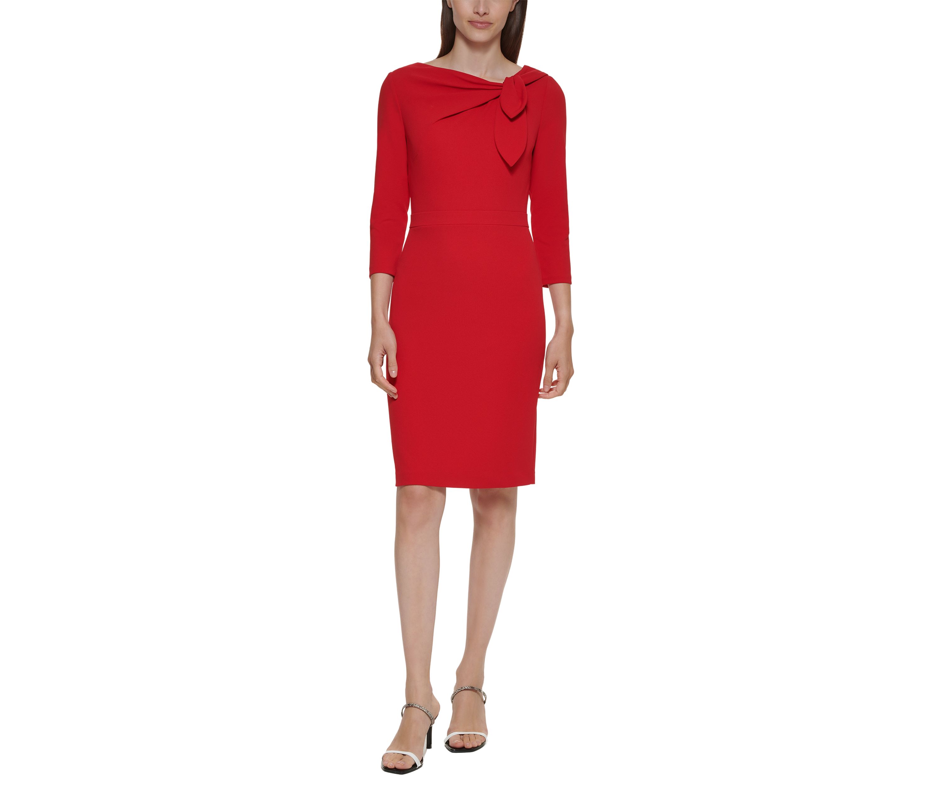 Womens 3/4 Sleeve Asymmetrical Neck Solid Crepe Sheath Dress