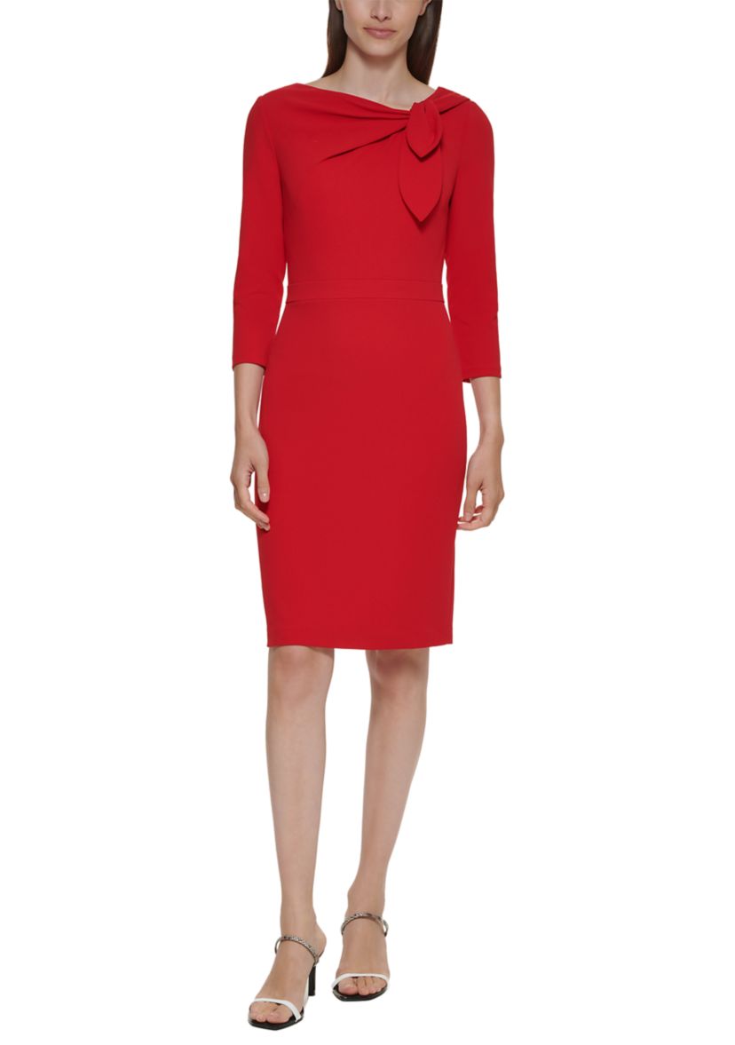 Womens 3/4 Sleeve Asymmetrical Neck Solid Crepe Sheath Dress