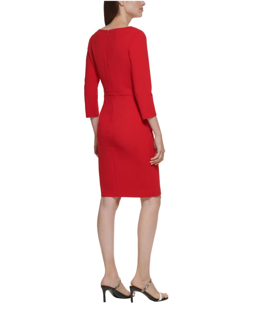 Womens 3/4 Sleeve Asymmetrical Neck Solid Crepe Sheath Dress