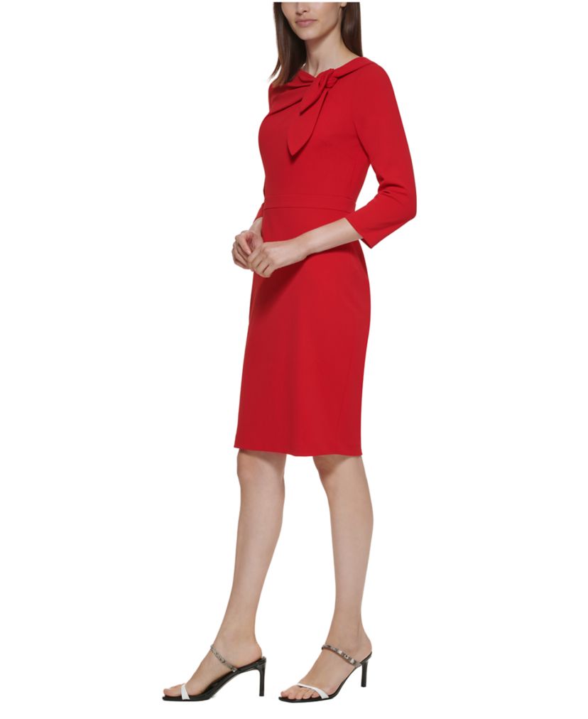 Womens 3/4 Sleeve Asymmetrical Neck Solid Crepe Sheath Dress
