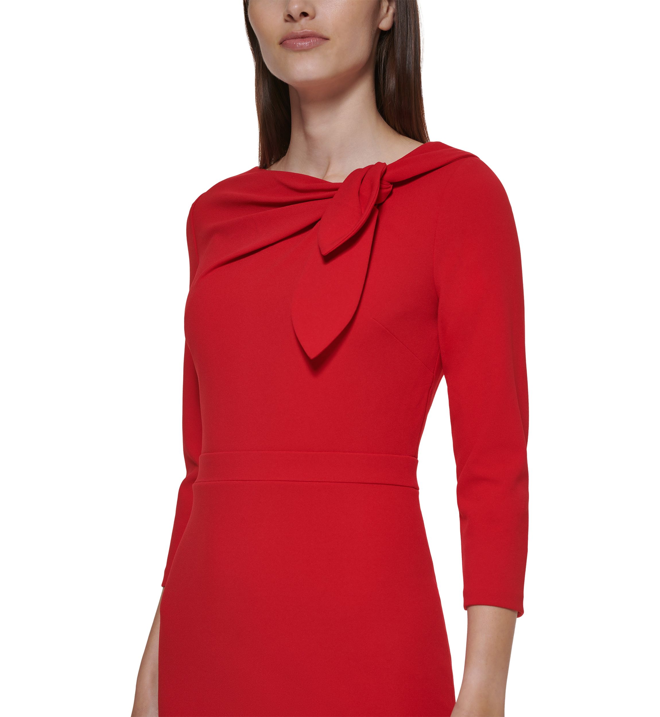 Womens 3/4 Sleeve Asymmetrical Neck Solid Crepe Sheath Dress