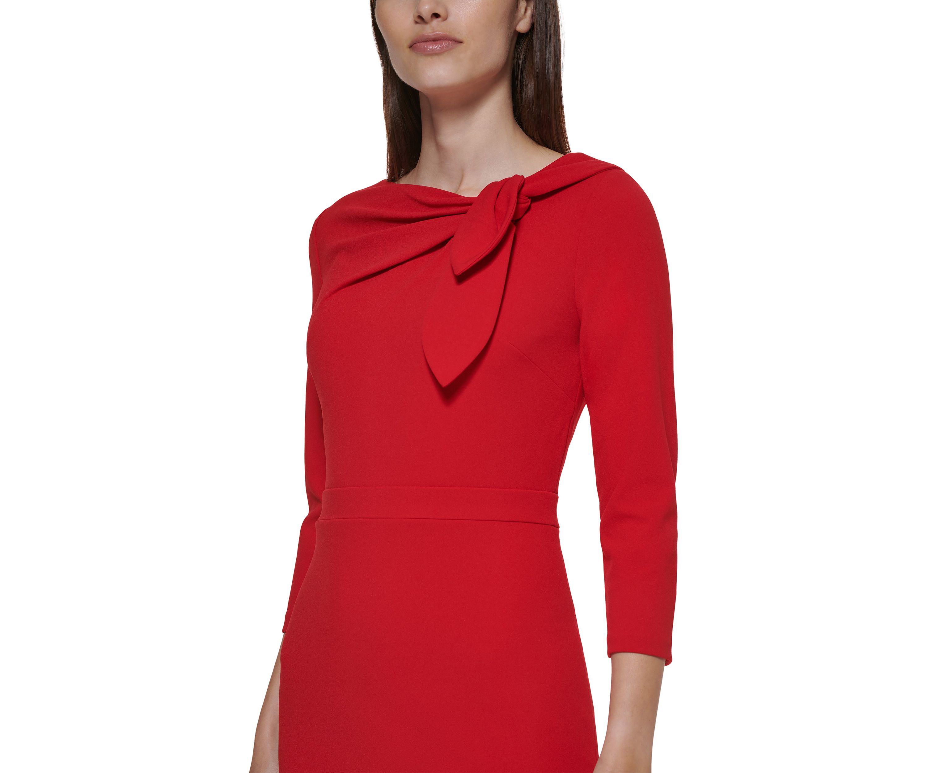 Womens 3/4 Sleeve Asymmetrical Neck Solid Crepe Sheath Dress
