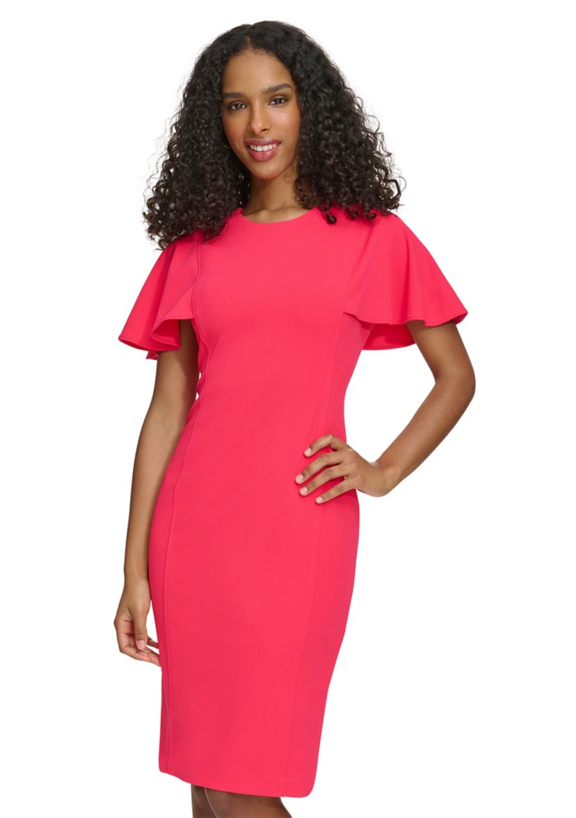 Womens Flutter Sleeve Solid Scuba Sheath Dress
