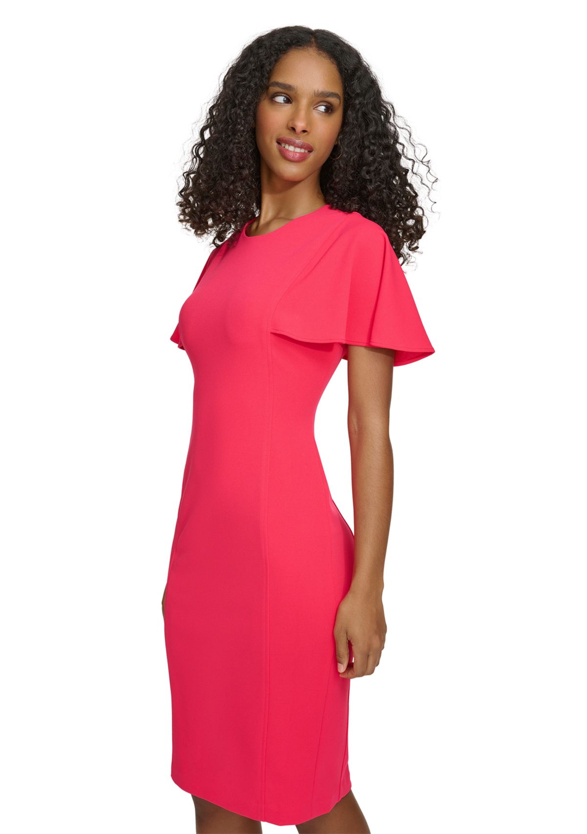 Womens Flutter Sleeve Solid Scuba Sheath Dress
