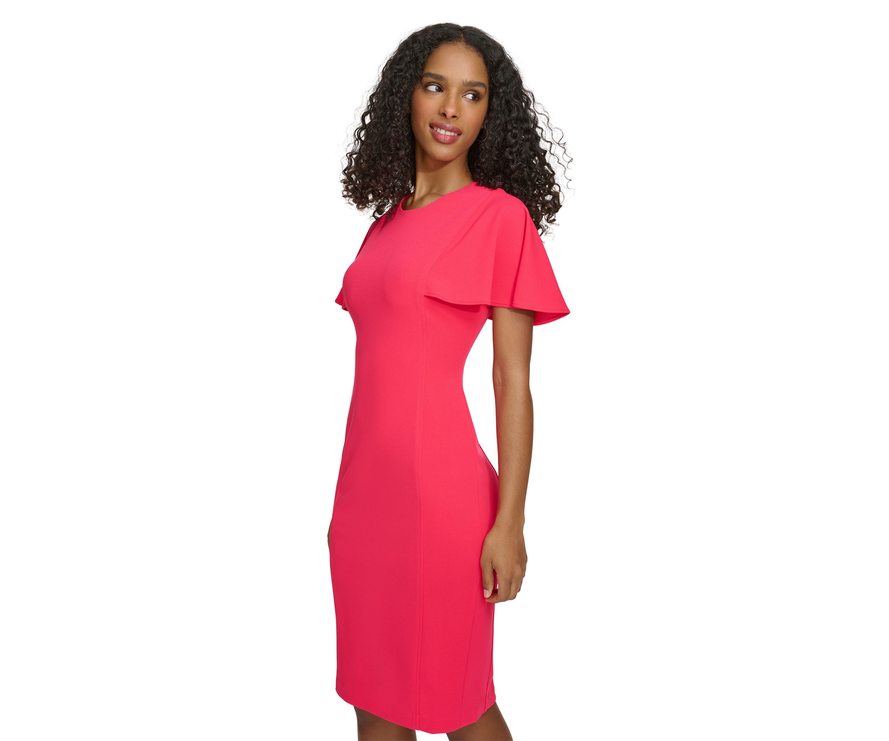Womens Flutter Sleeve Solid Scuba Sheath Dress