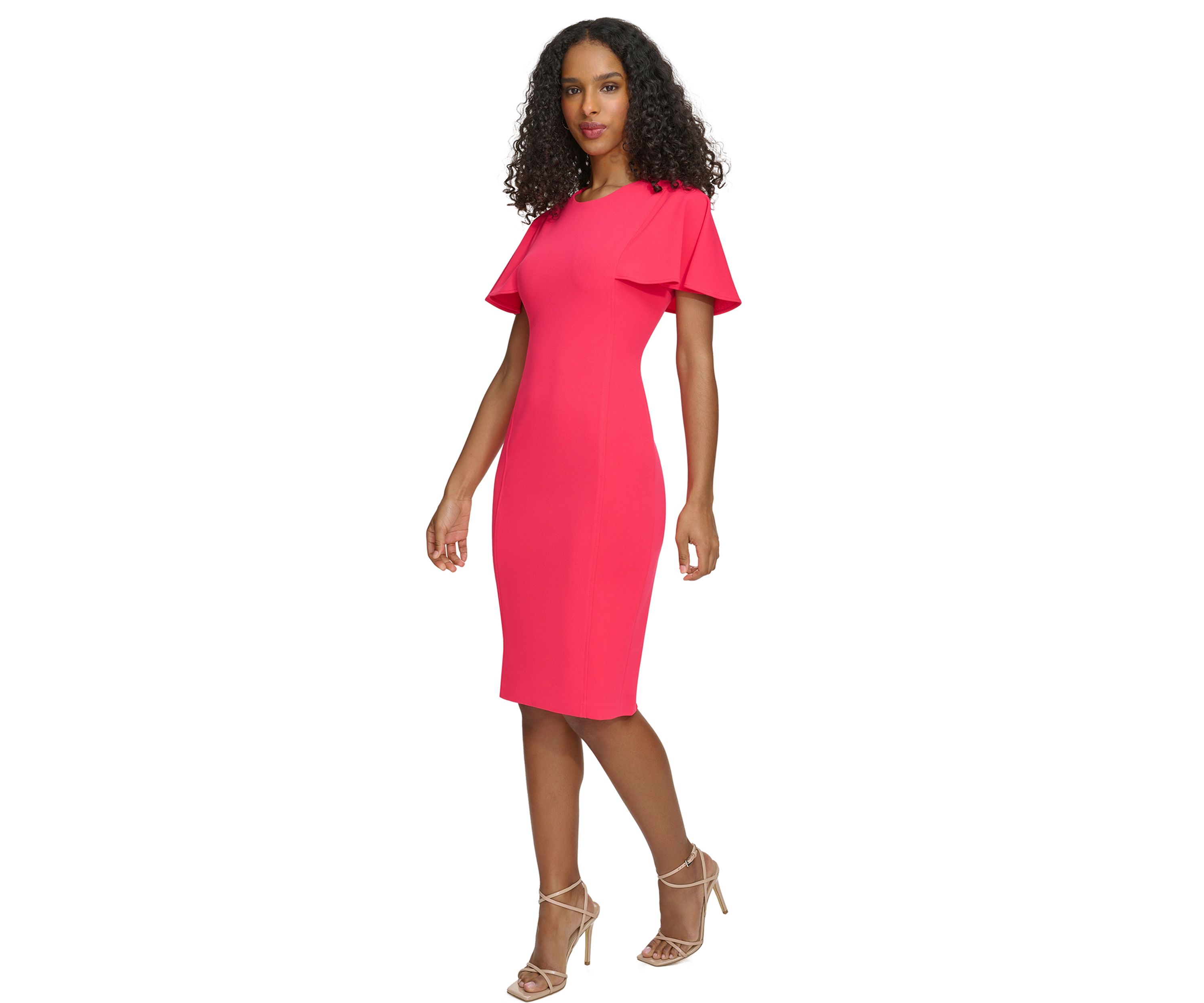 Womens Flutter Sleeve Solid Scuba Sheath Dress