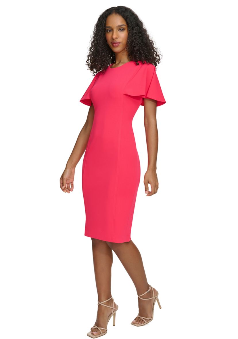 Womens Flutter Sleeve Solid Scuba Sheath Dress