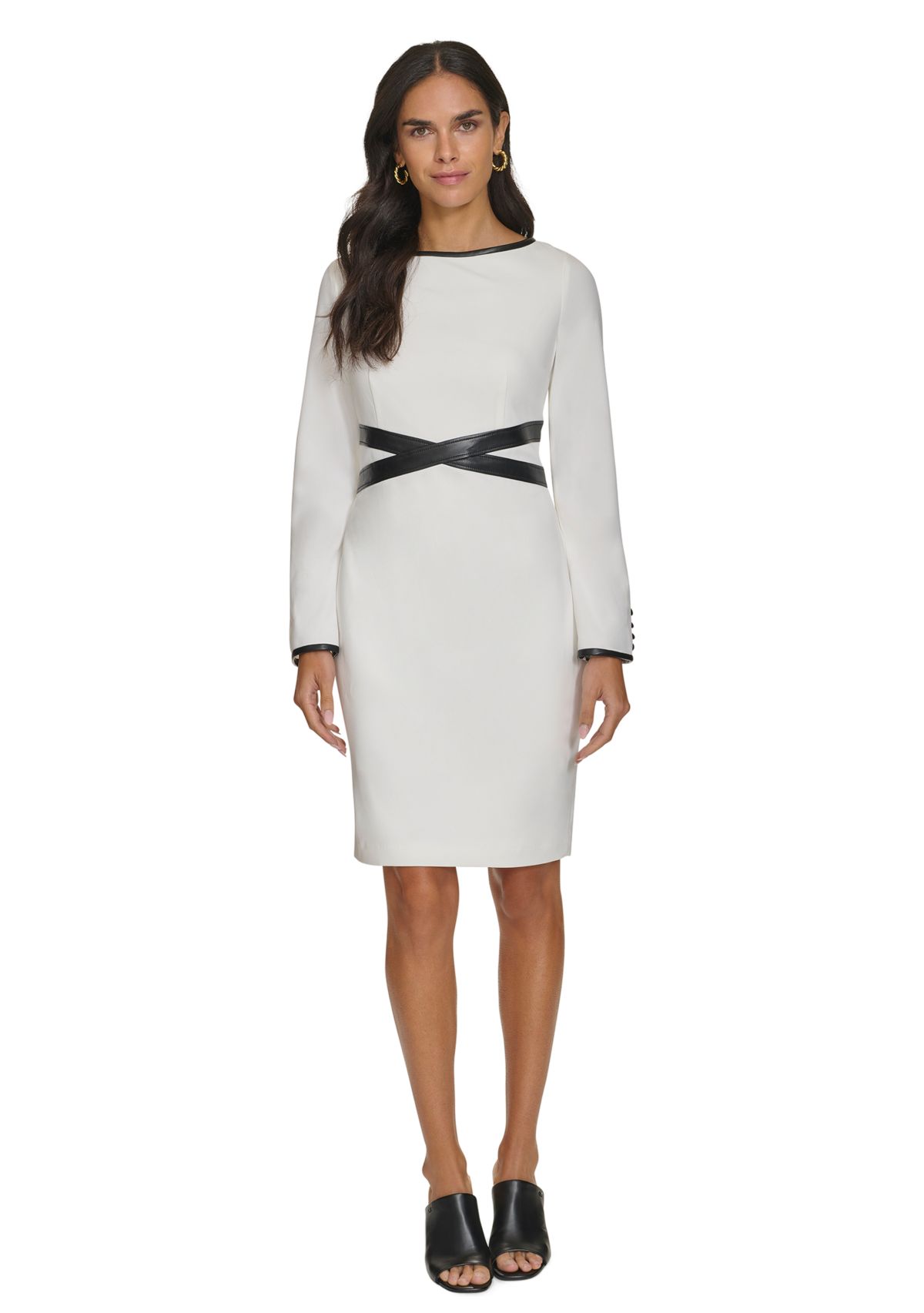 Womens Long Sleeve Boat Neck Belted Fit and Flare Dress