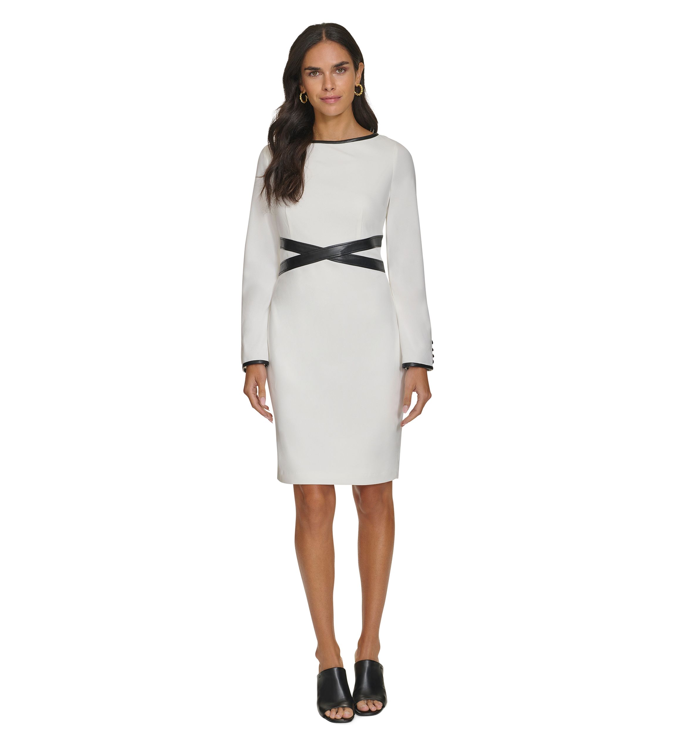 Womens Long Sleeve Boat Neck Belted Fit and Flare Dress
