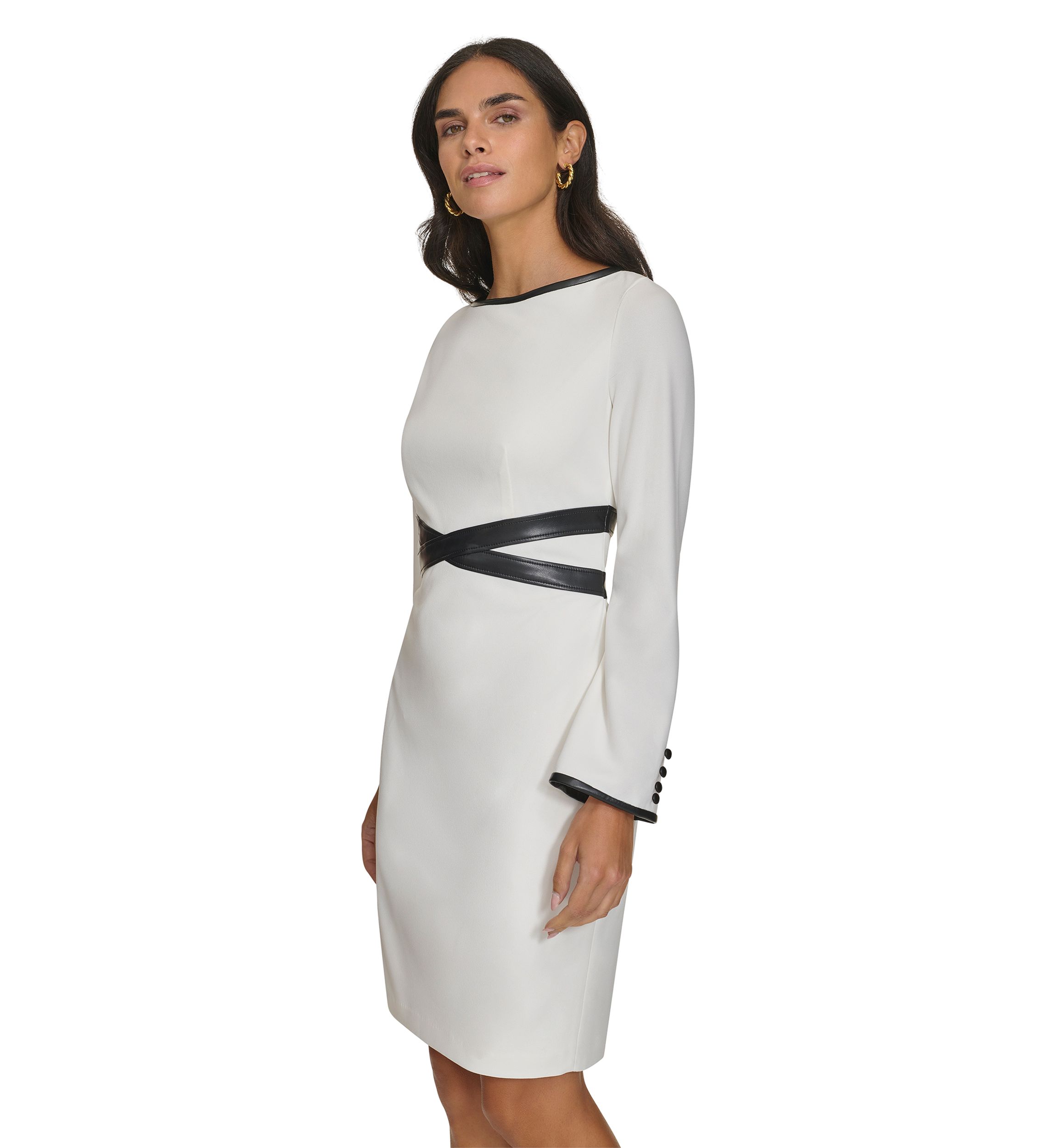 Womens Long Sleeve Boat Neck Belted Fit and Flare Dress