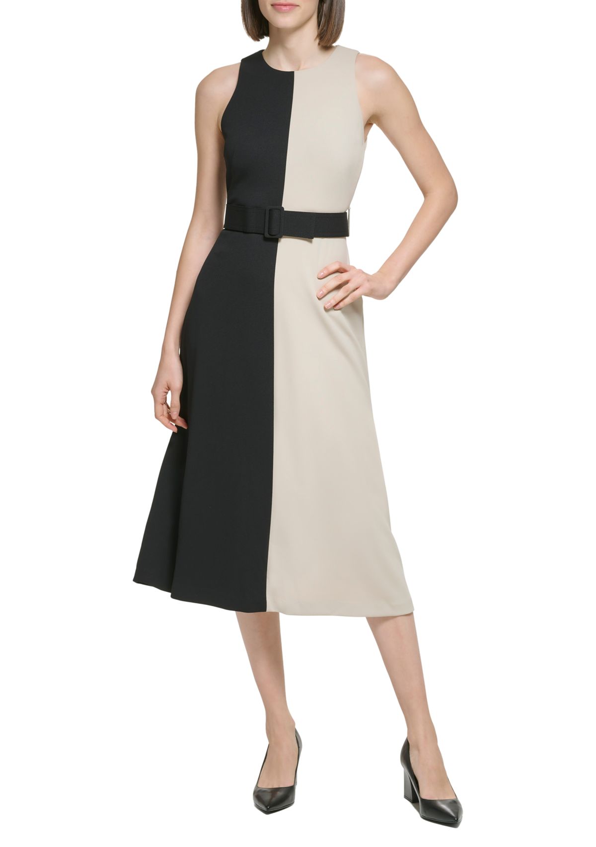 Womens Sleeveless Color Block Belted Midi Dress