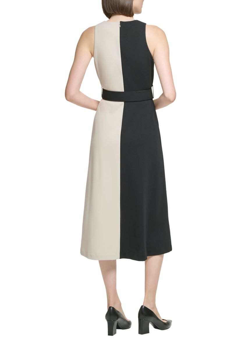 Womens Sleeveless Color Block Belted Midi Dress