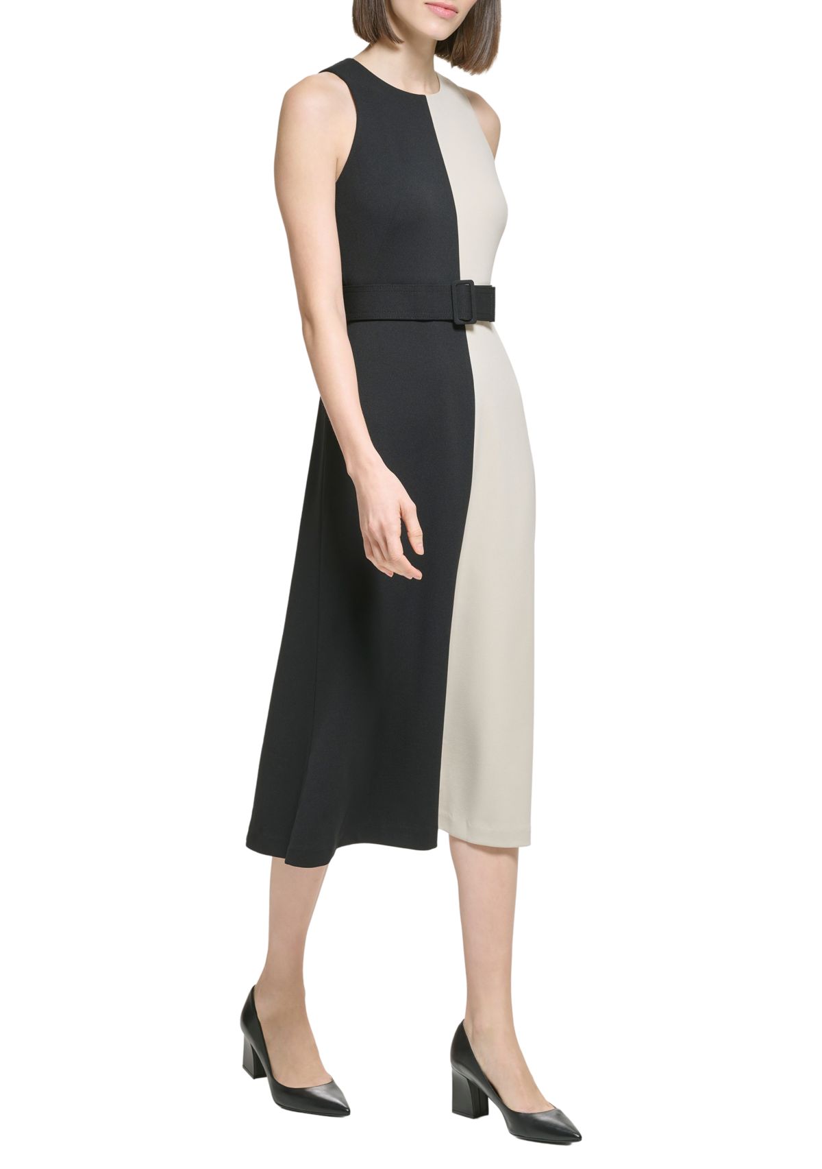 Womens Sleeveless Color Block Belted Midi Dress