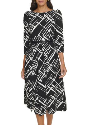 Calvin Klein Women's 3/4 Sleeve Geometric Print Crepe Belted Midi Dress, 2