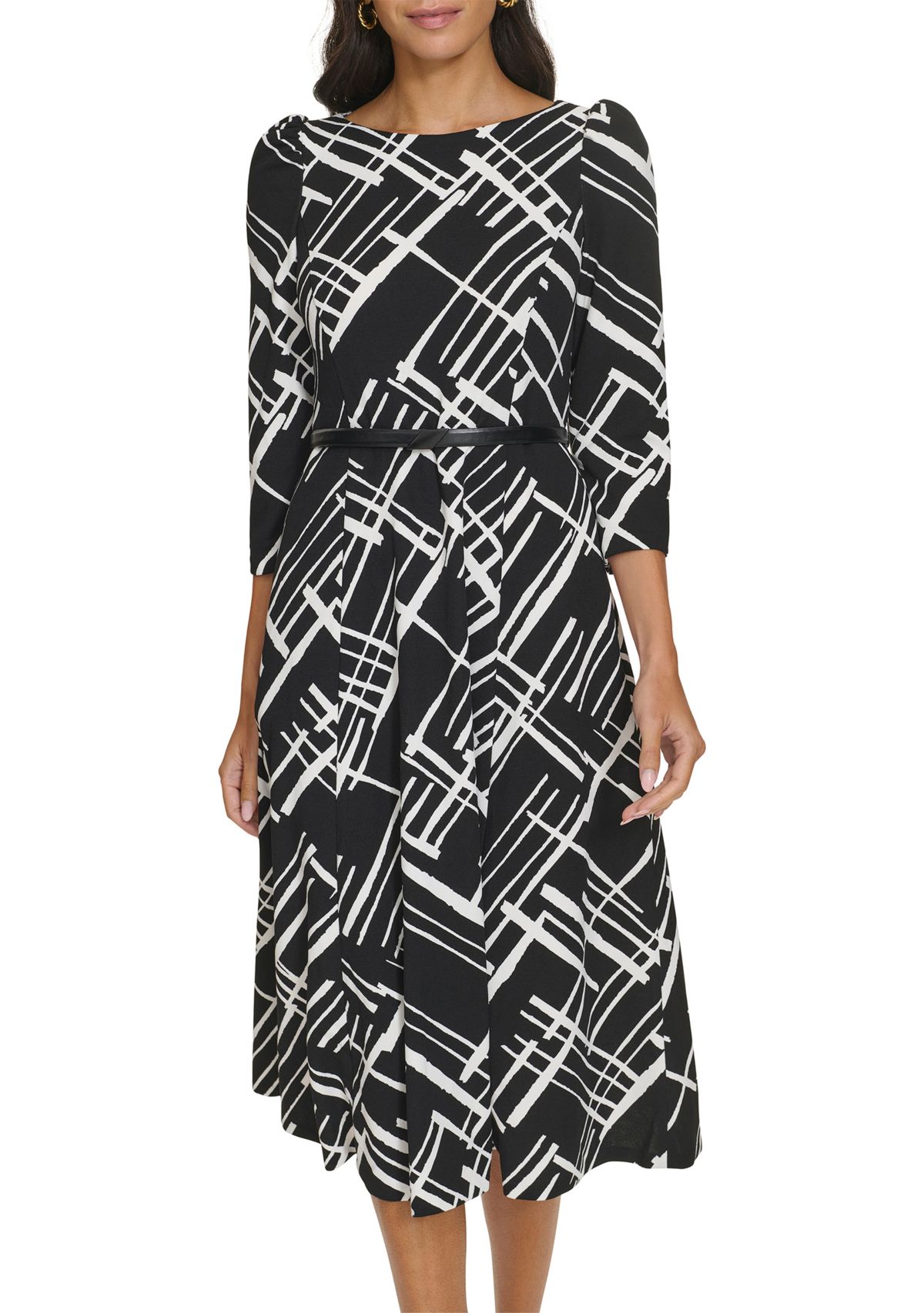 Womens 3/4 Sleeve Geometric Print Crepe Belted Midi Dress