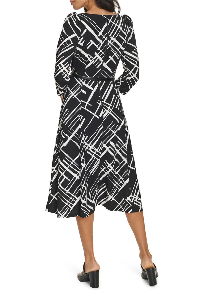 Womens 3/4 Sleeve Geometric Print Crepe Belted Midi Dress